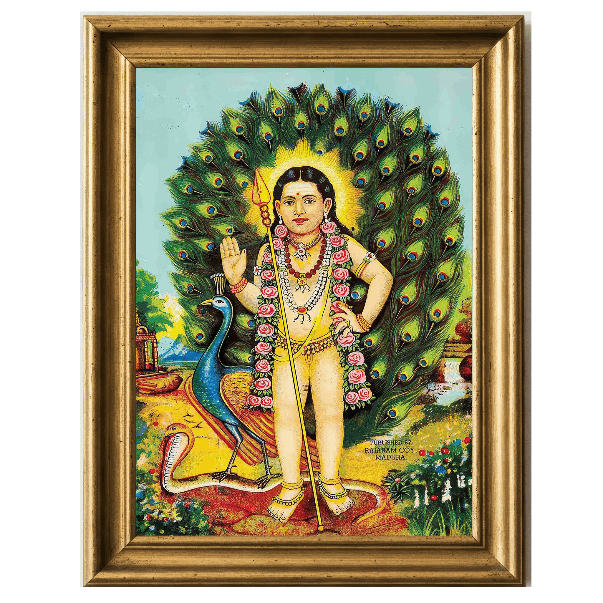 Chromolithograph of young Murugan, peacock fan and cobra at feet.