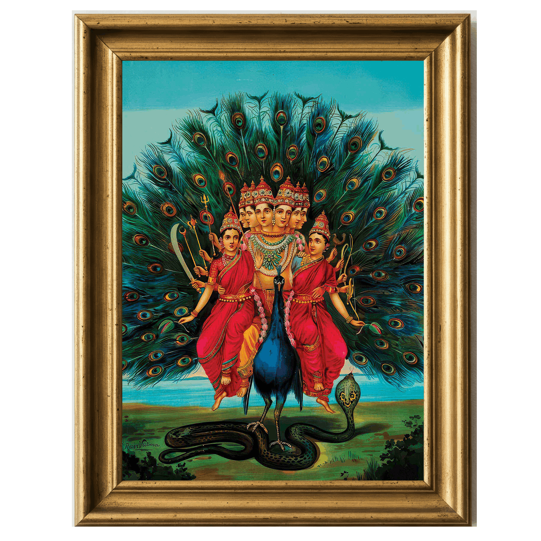Child-like Murugan with spear and peacock feathers sparkling behind him.