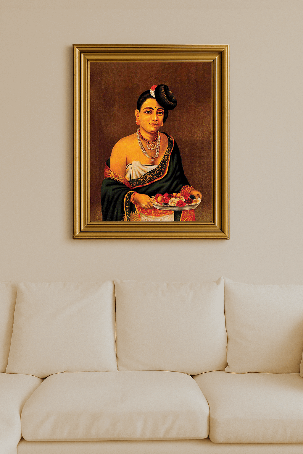 Painted portrait of a Nayar woman in sari holding a plate of flowers.