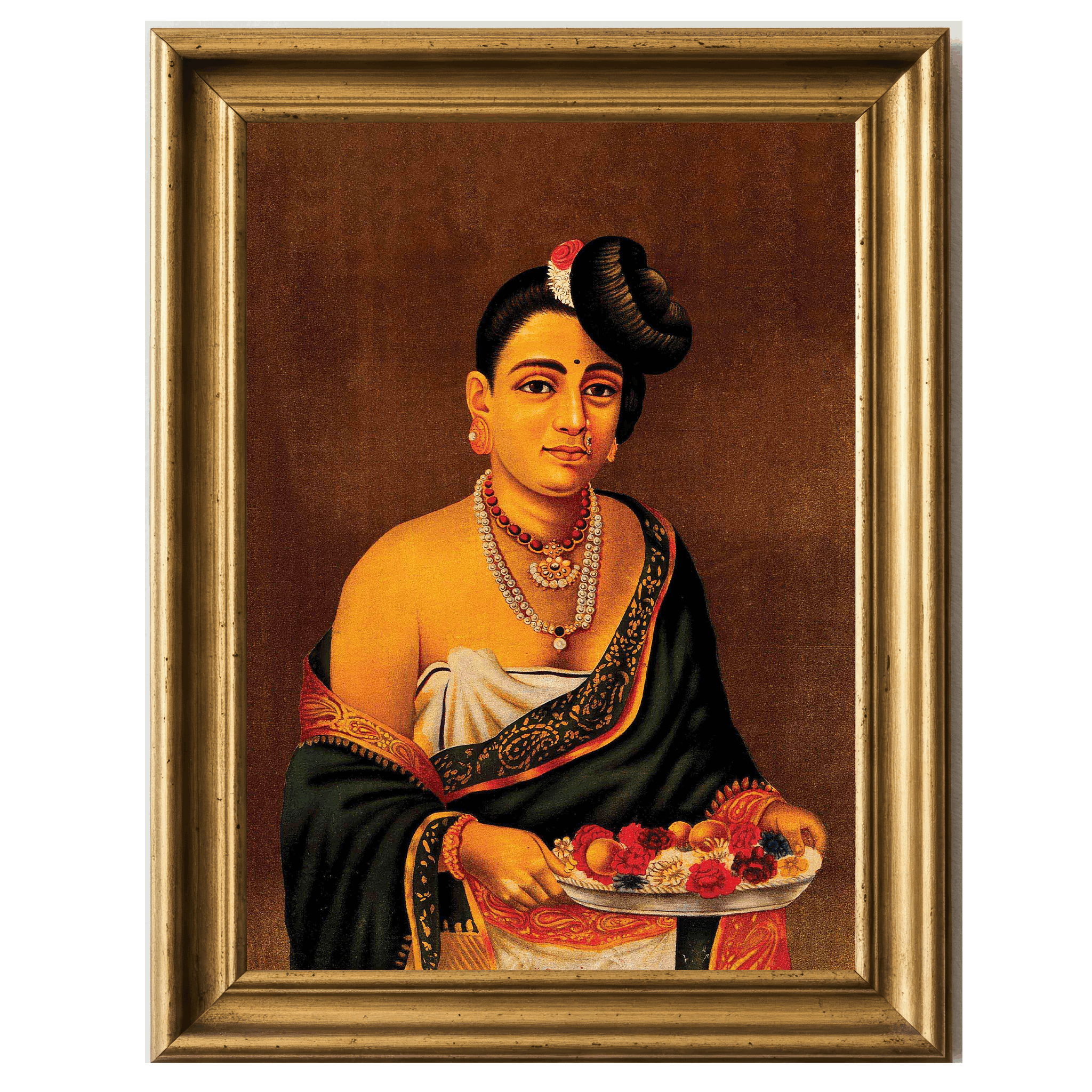 Painted portrait of a Nayar woman in sari holding a plate of flowers.