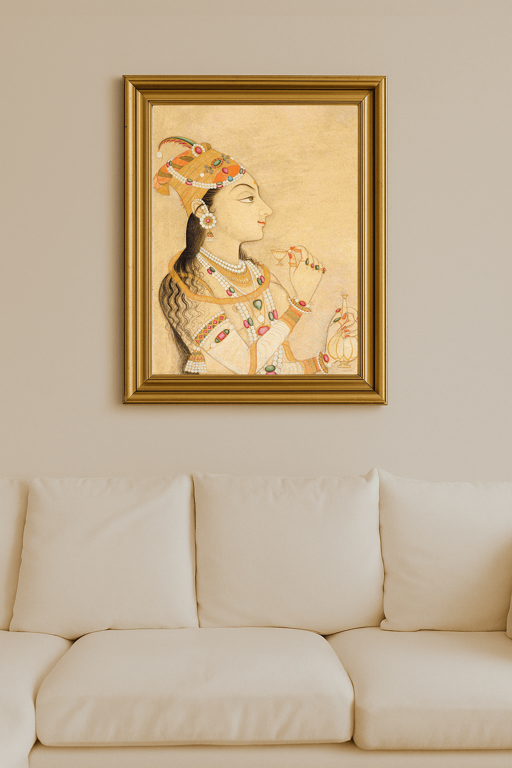 Mughal miniature profile of Empress Nur Jahan holding a small cup.