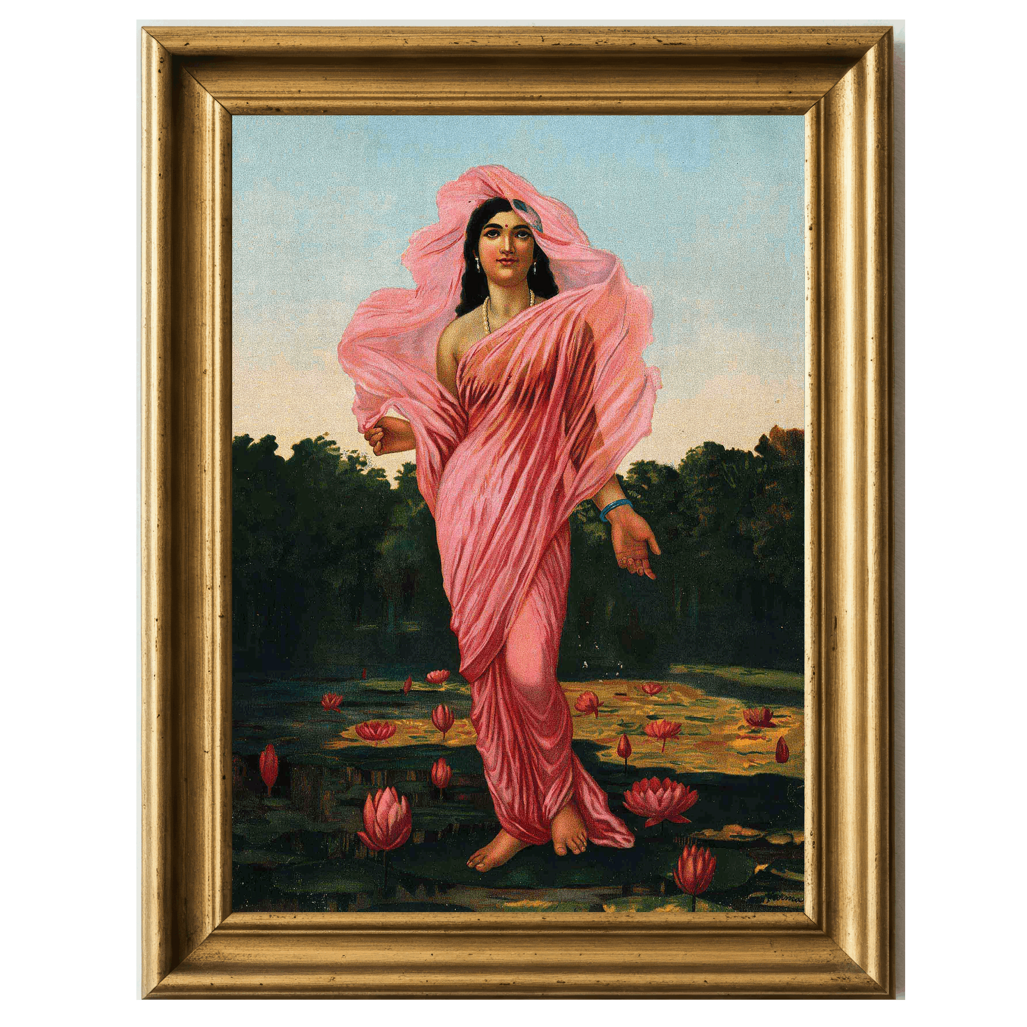Painting of Padmini in pink drapery walking on lotus blossoms over water.