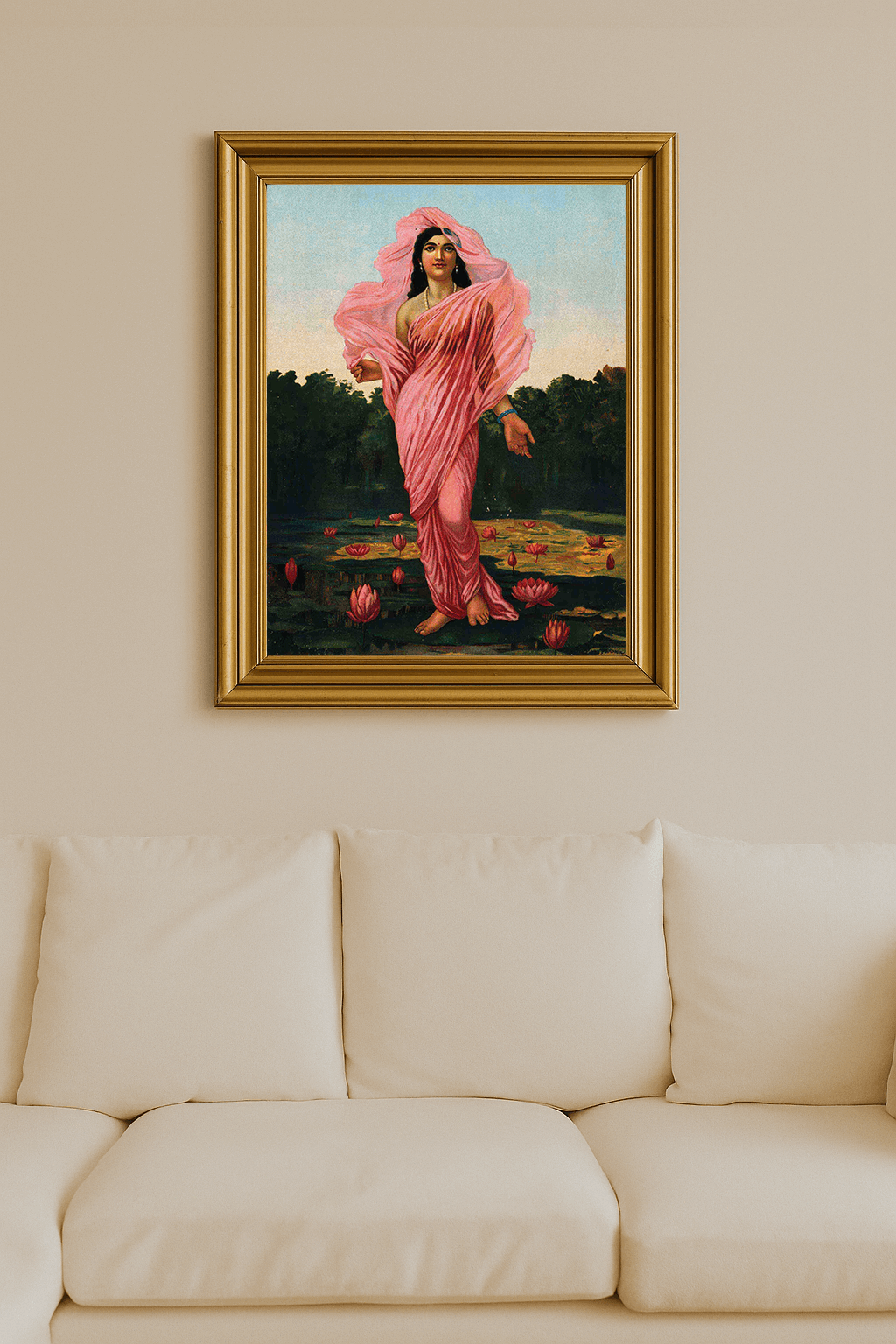 Painting of Padmini in pink drapery walking on lotus blossoms over water.