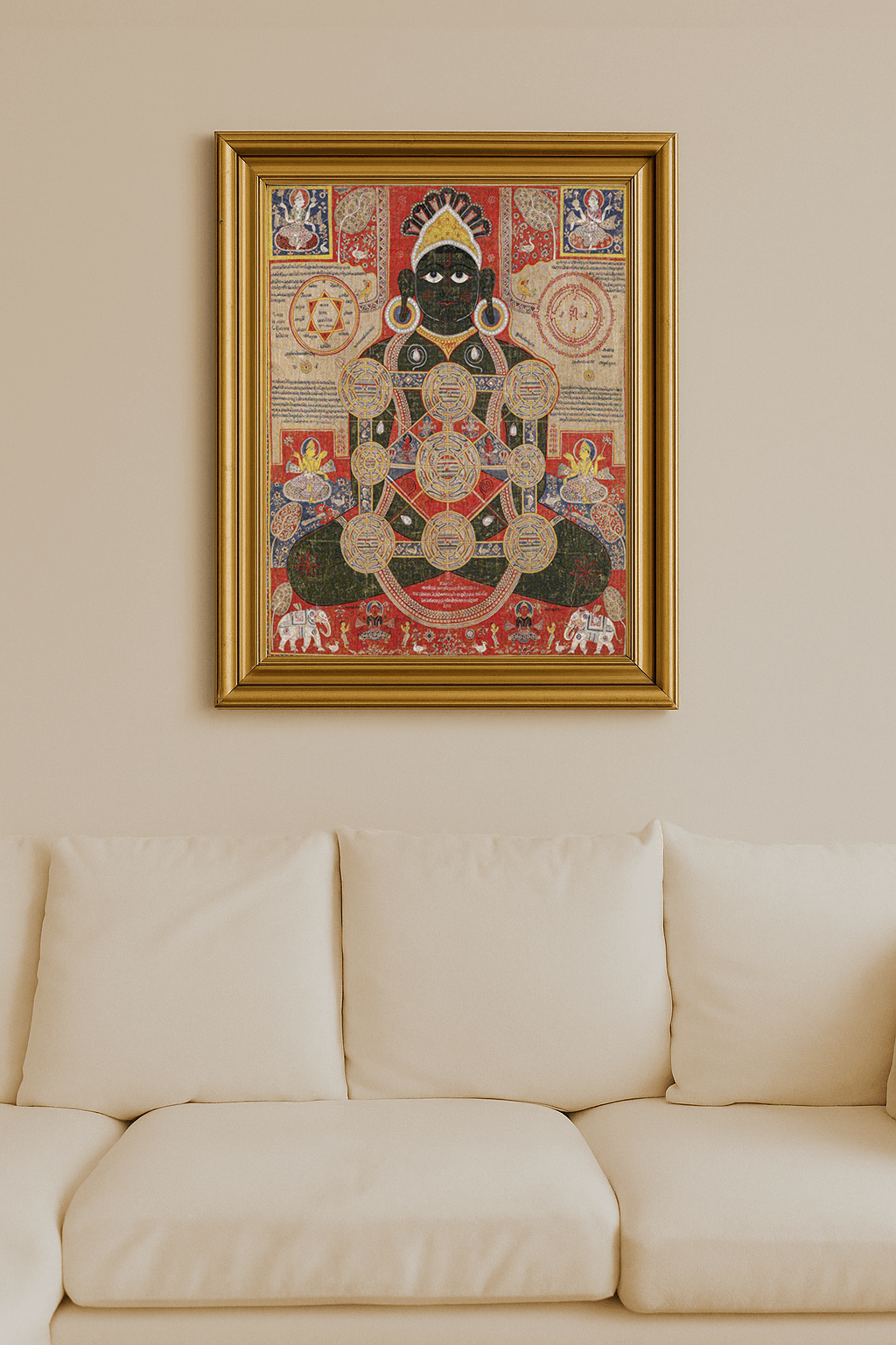 Jain painting of Parsvanatha on a lotus throne with yantra diagrams.