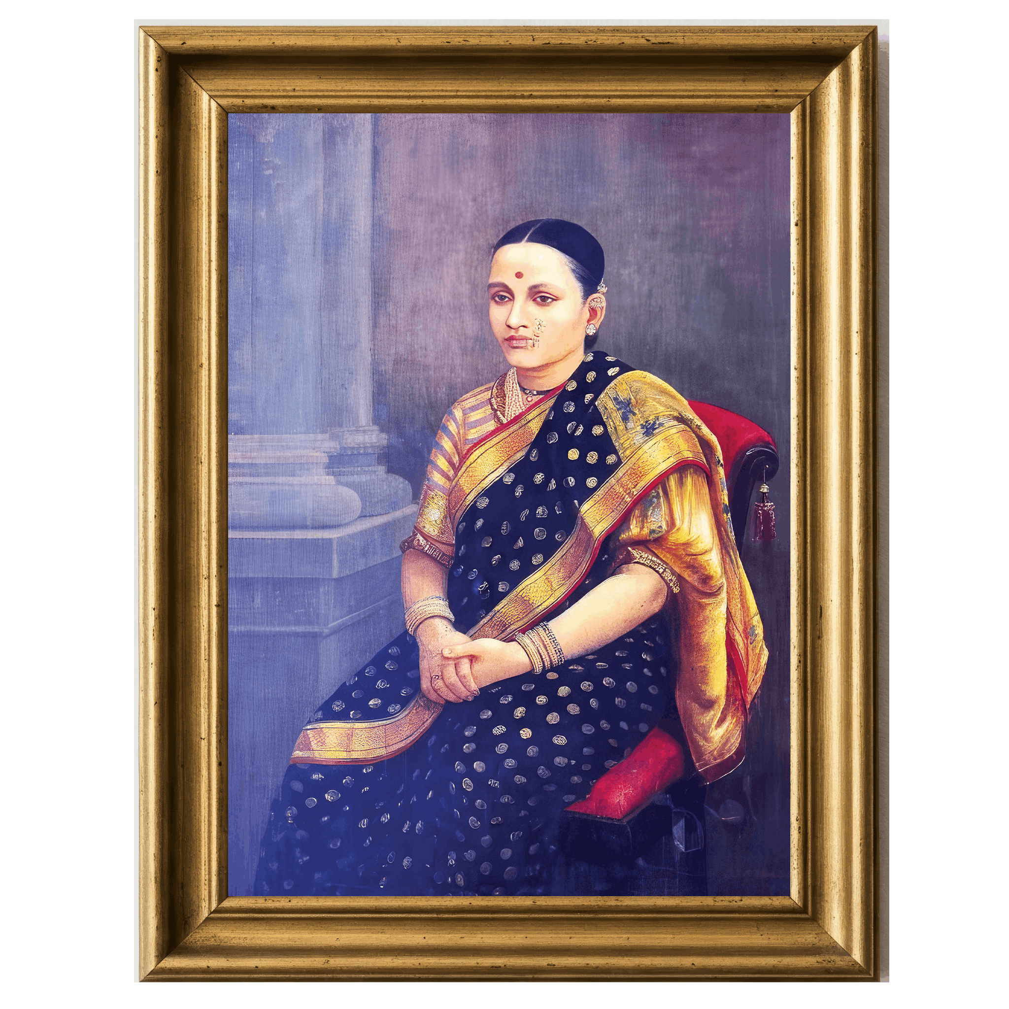 Oil portrait of a woman in polka-dot sari by Raja Ravi Varma.