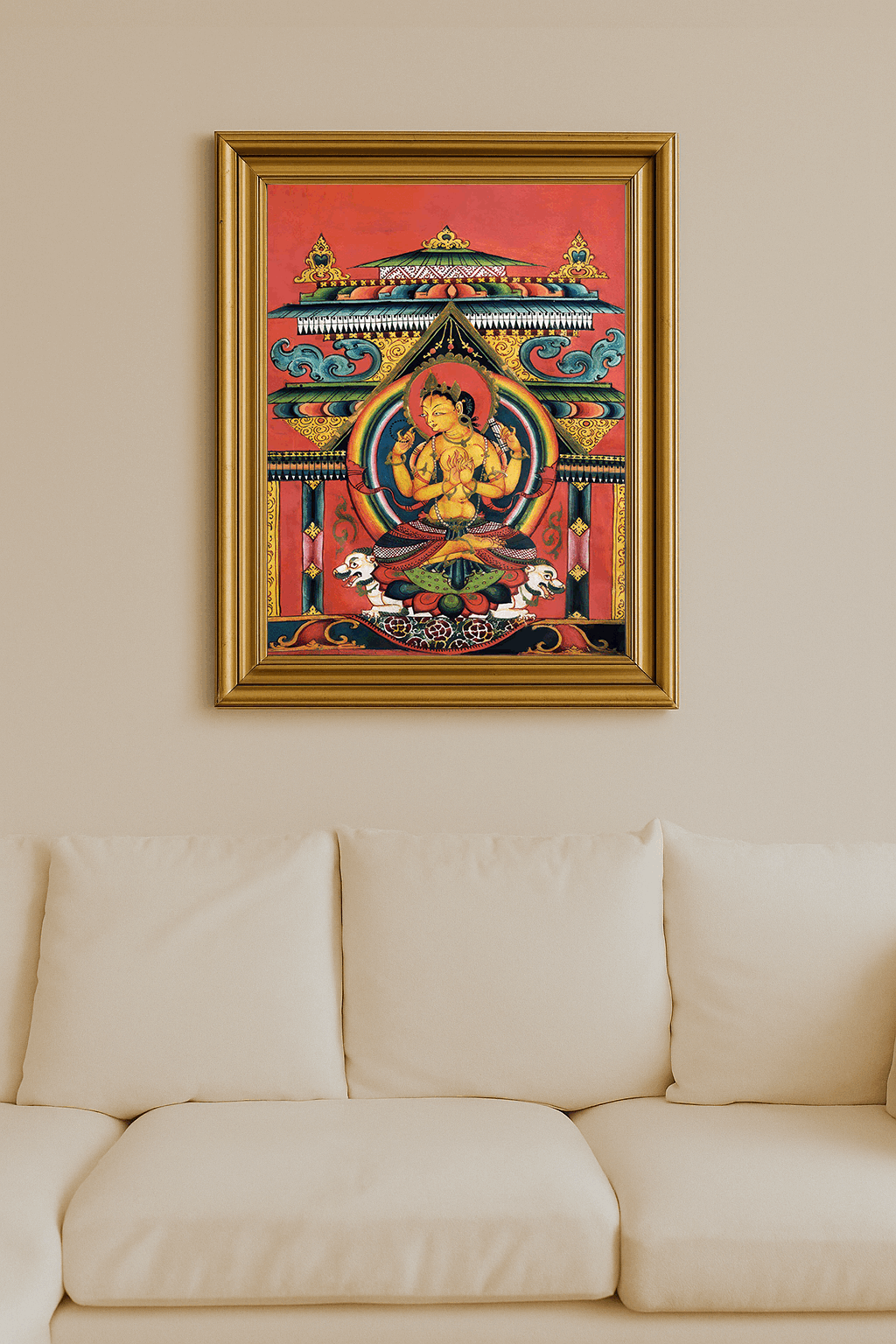 Buddhist thangka of Prajnaparamita on lotus throne with mandala background.