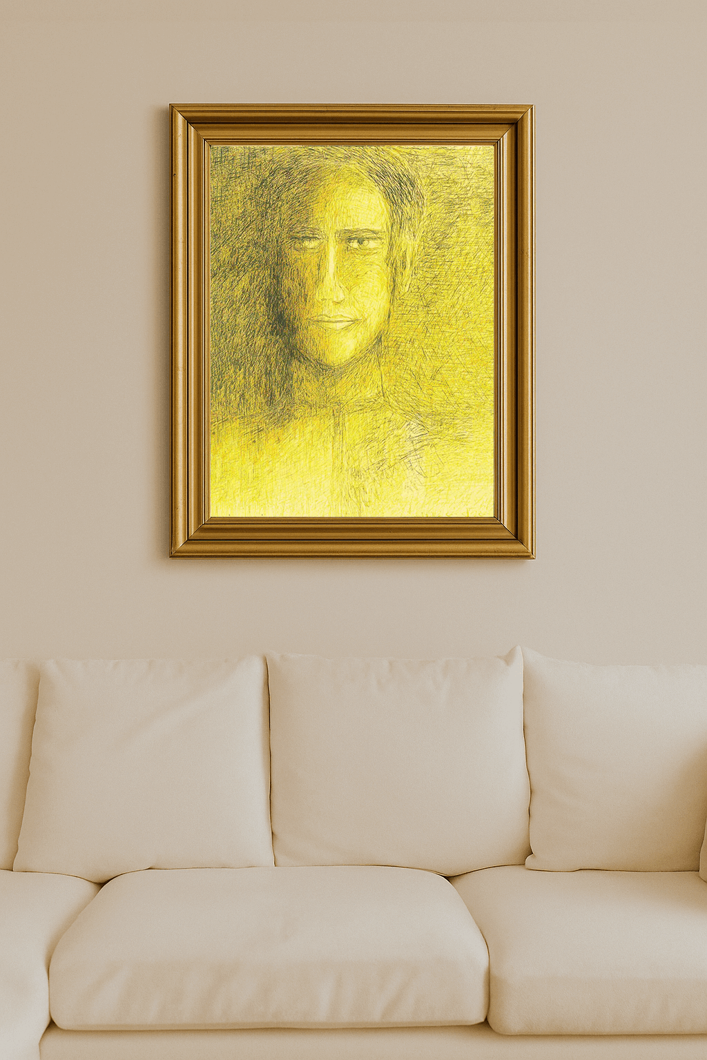 Charcoal and pastel profile study of Rabindranath Tagore in gold and black.