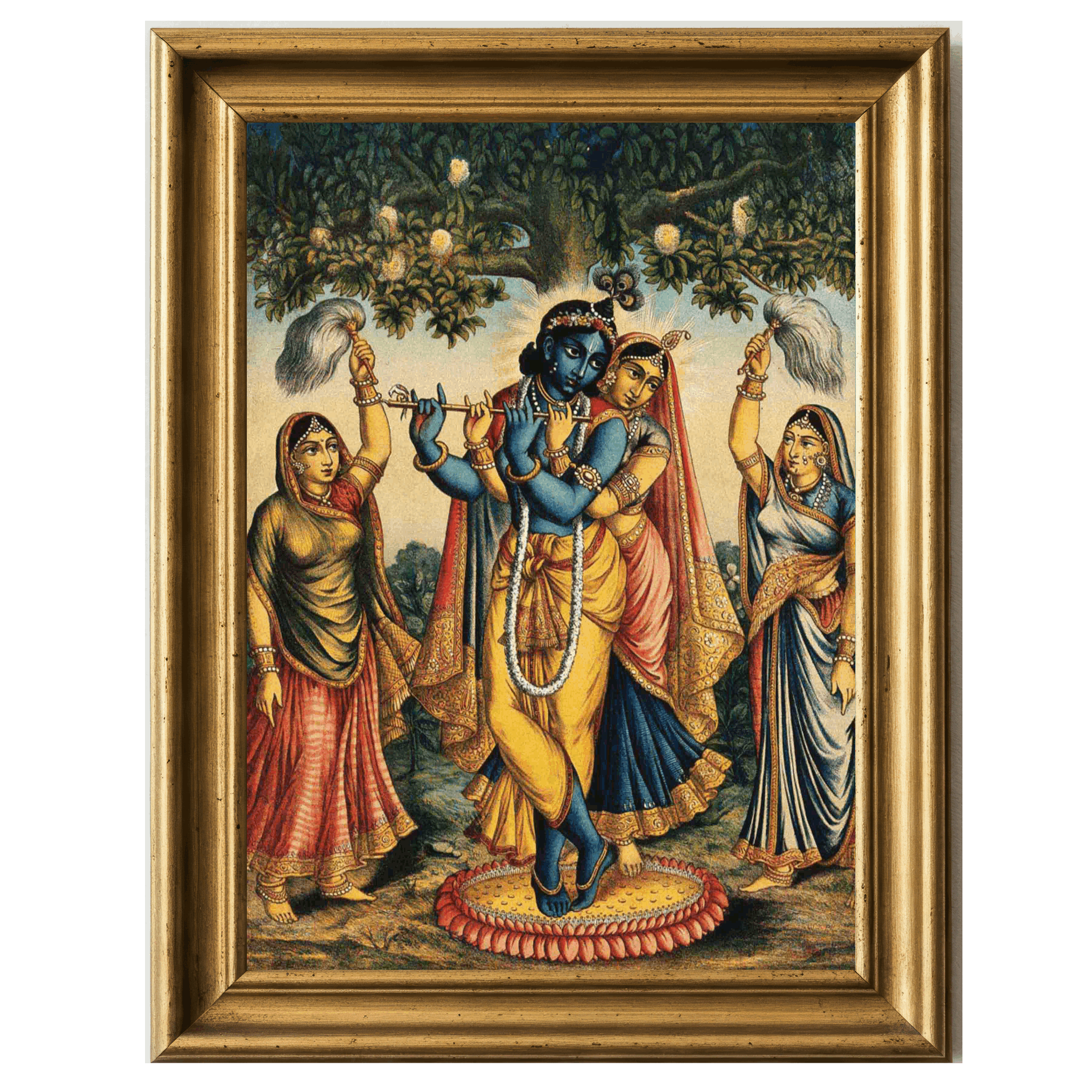 Lithograph of Krishna with Radha and two devotees waving fly-whisks under a tree.
