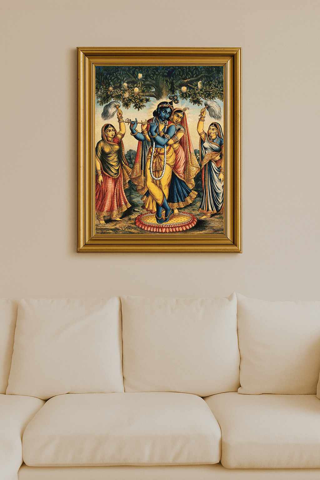 Lithograph of Krishna with Radha and two devotees waving fly-whisks under a tree.