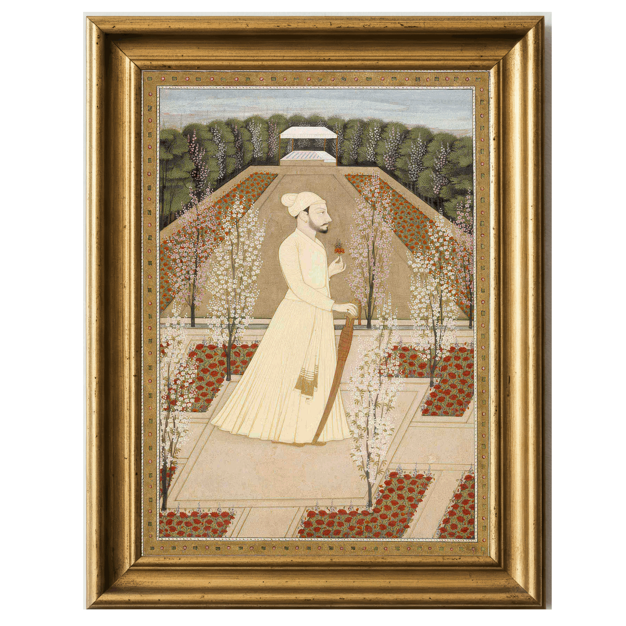 Basohli miniature of Raja Amrit Pal walking in a garden, holding a flower.