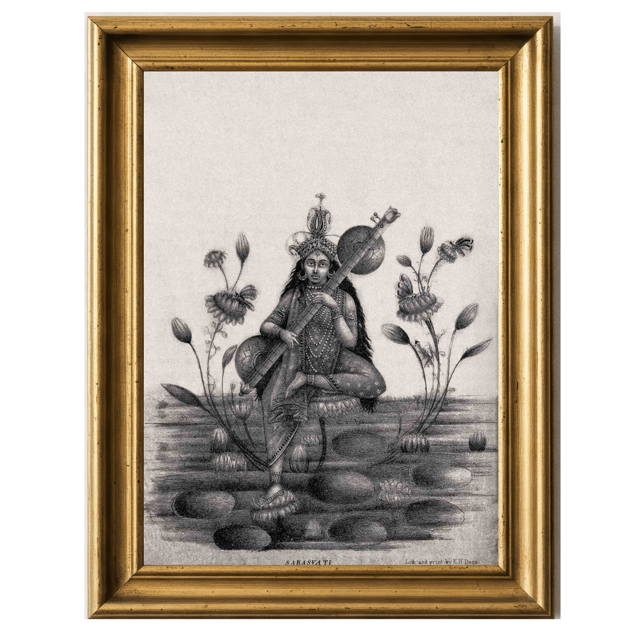 Black-and-white lithograph of Sarasvati on a lotus playing sitar with flowers.
