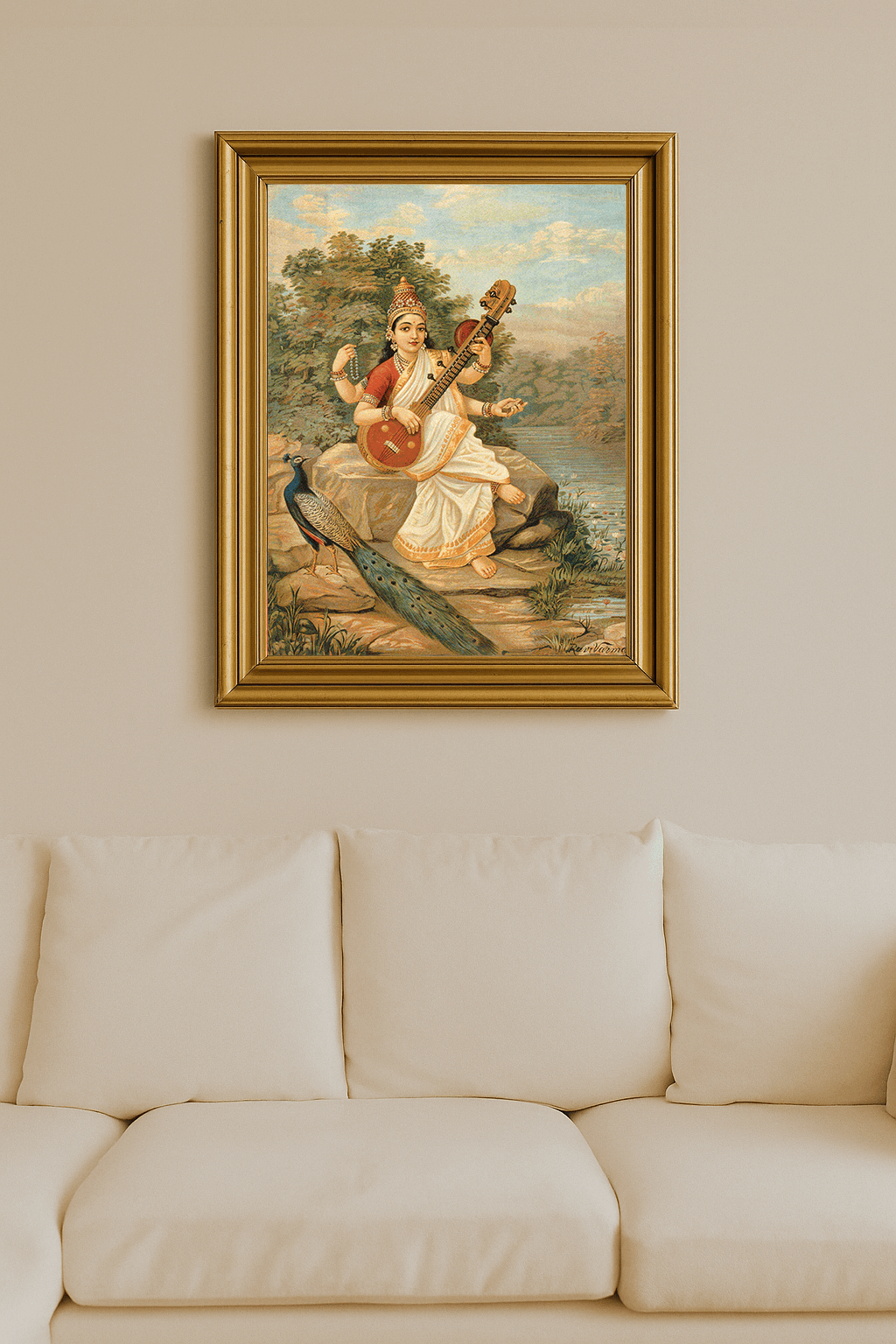 Color painting of Goddess Sarasvati playing sitar beside a river with a peacock.
