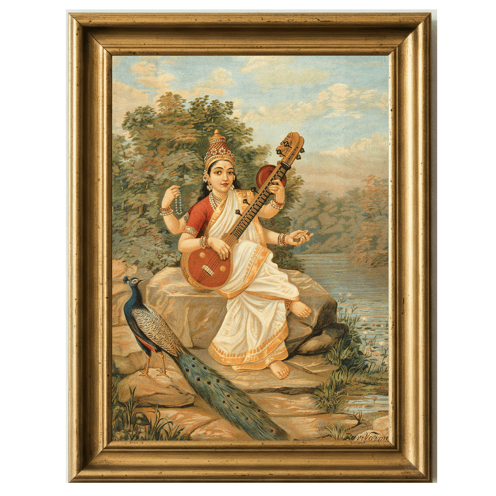Color painting of Goddess Sarasvati playing sitar beside a river with a peacock.