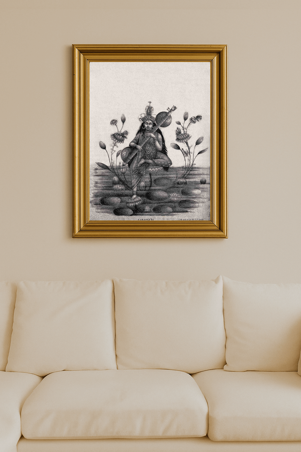 Black-and-white lithograph of Sarasvati on a lotus playing sitar with flowers.