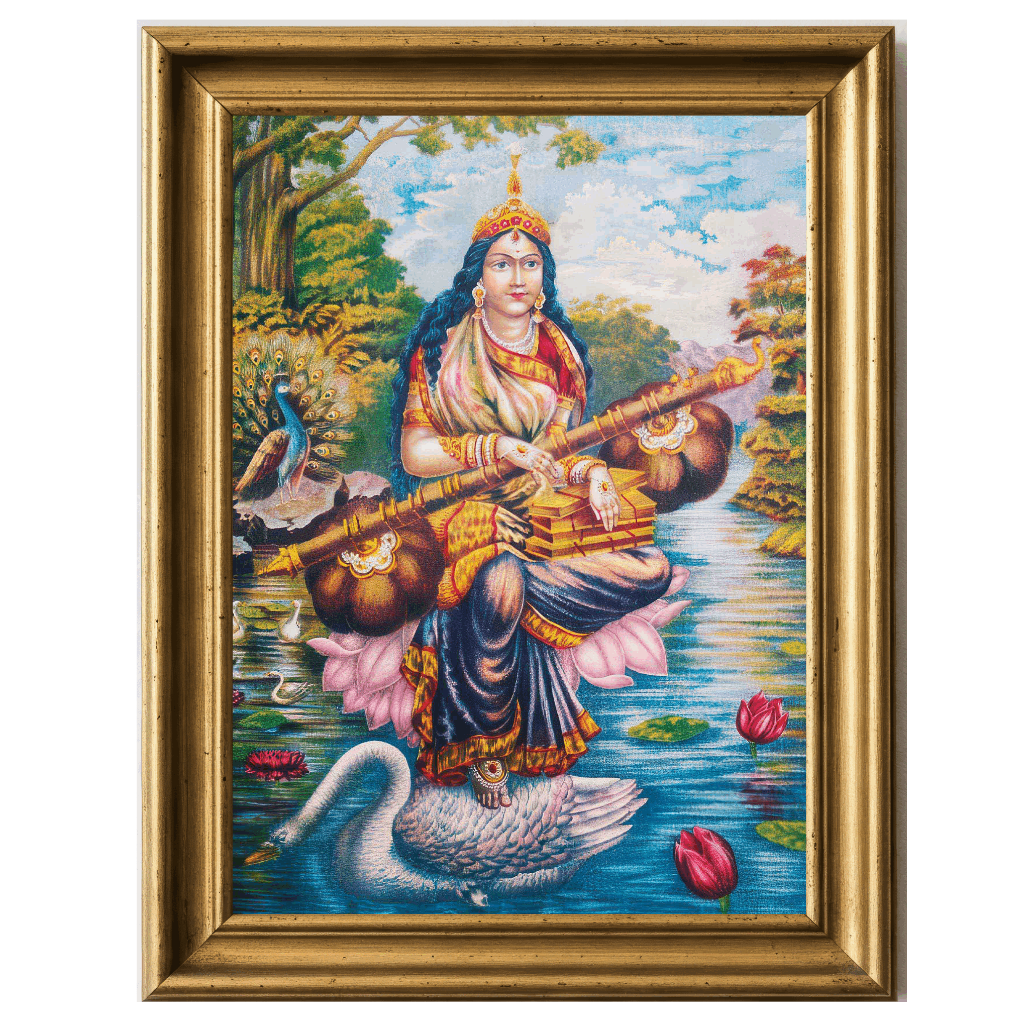 Color chromolithograph of Saraswati on a swan in lotus pond, holding sitar and books.
