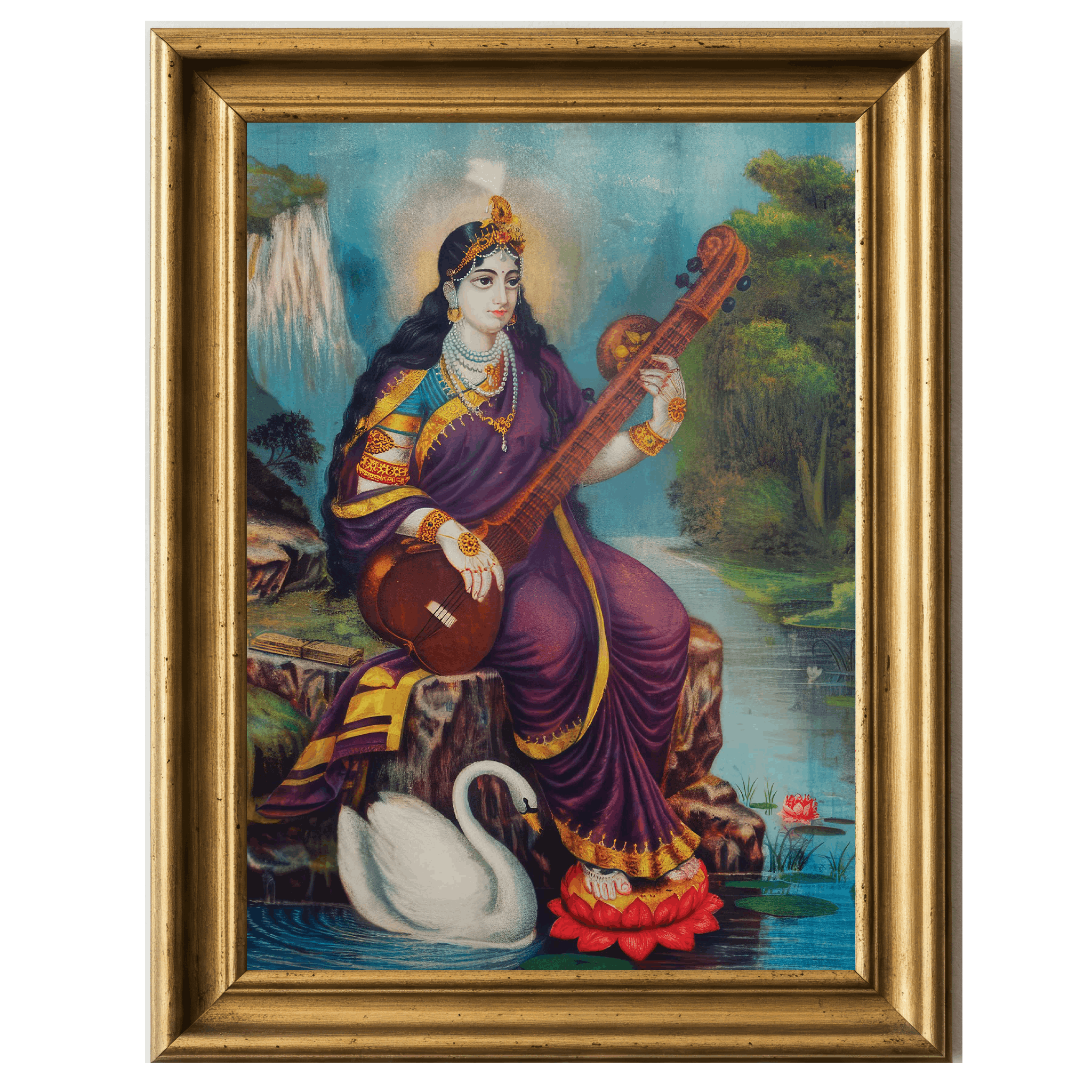 A painted depiction of the Hindu goddess Saraswati seated on a hamsa across a lotus pond, playing a vina, surrounded by a serene landscape.