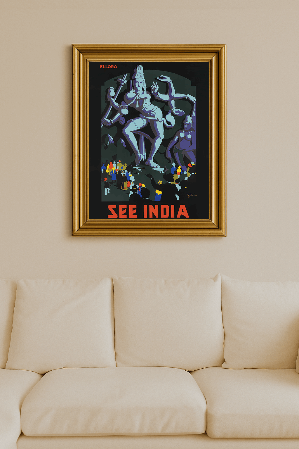Vintage travel poster of Ellora caves with large stone sculpture of multi-armed deity and a crowd of onlookers