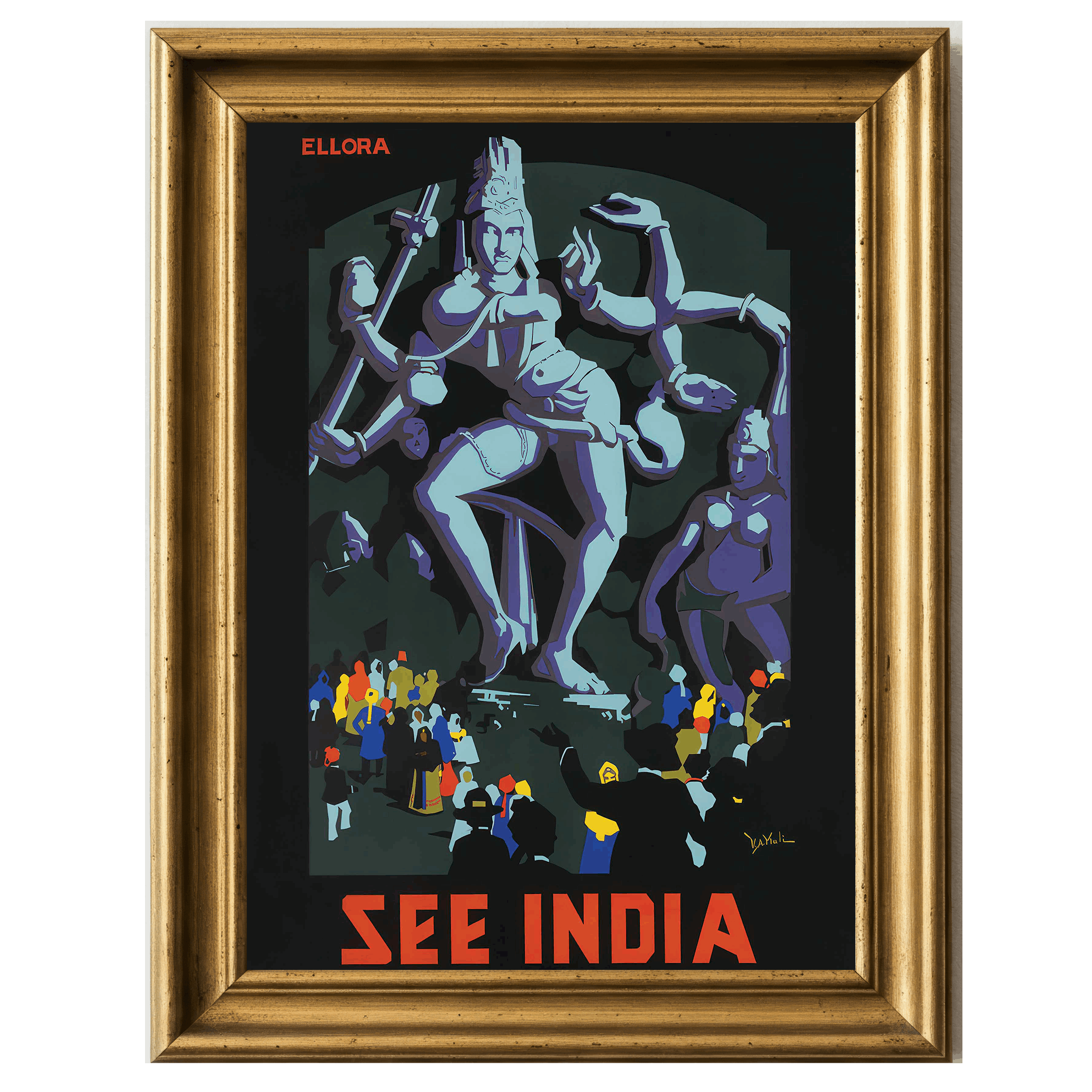 Vintage travel poster of Ellora caves with large stone sculpture of multi-armed deity and a crowd of onlookers