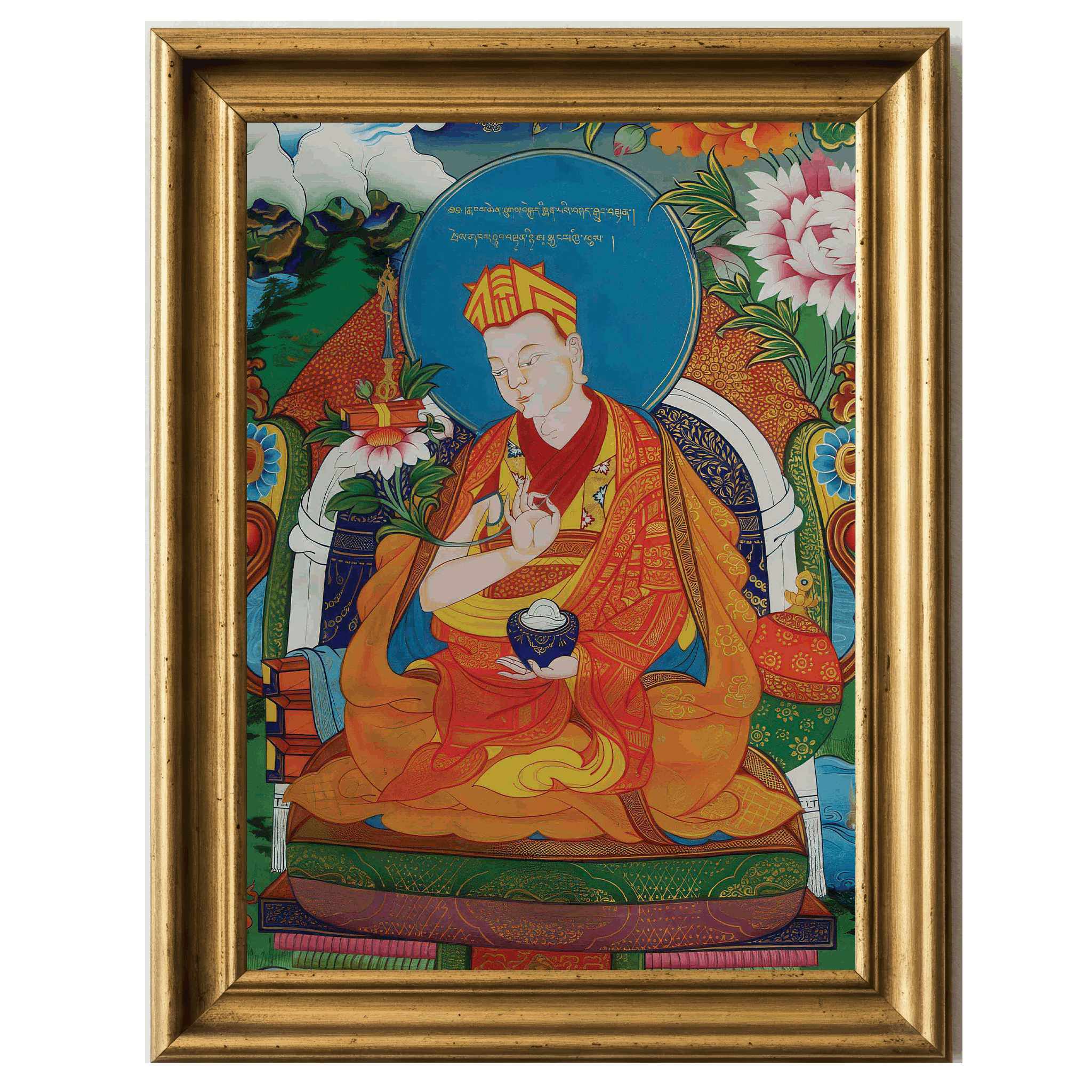 Thangka painting of a Buddhist teacher in colorful robes holding a bowl and lotus
