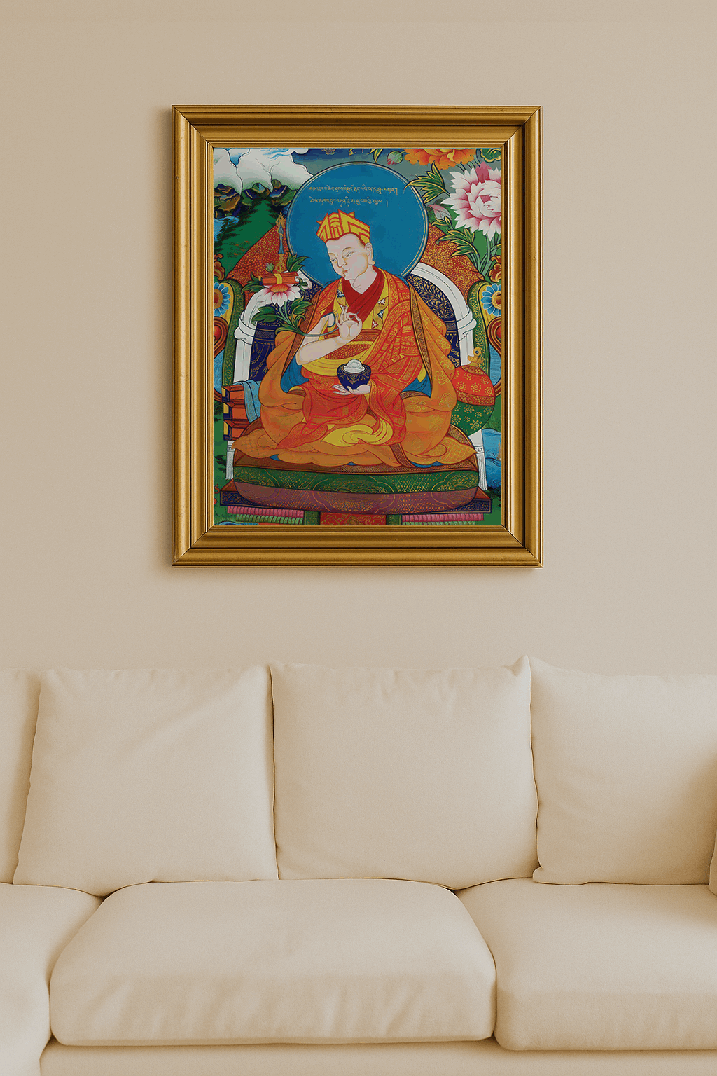Thangka painting of a Buddhist teacher in colorful robes holding a bowl and lotus