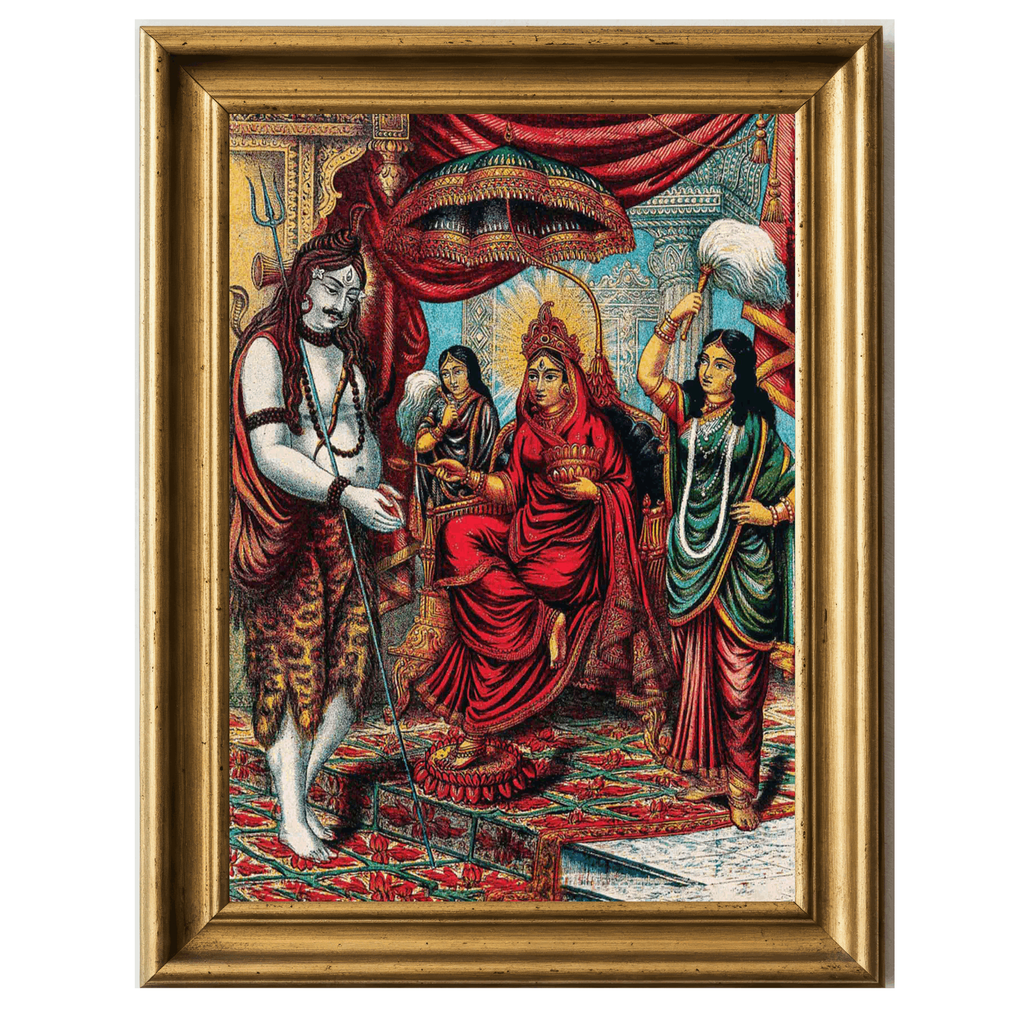 Traditional artwork of Shiva standing before goddess Annapurna in a palace setting