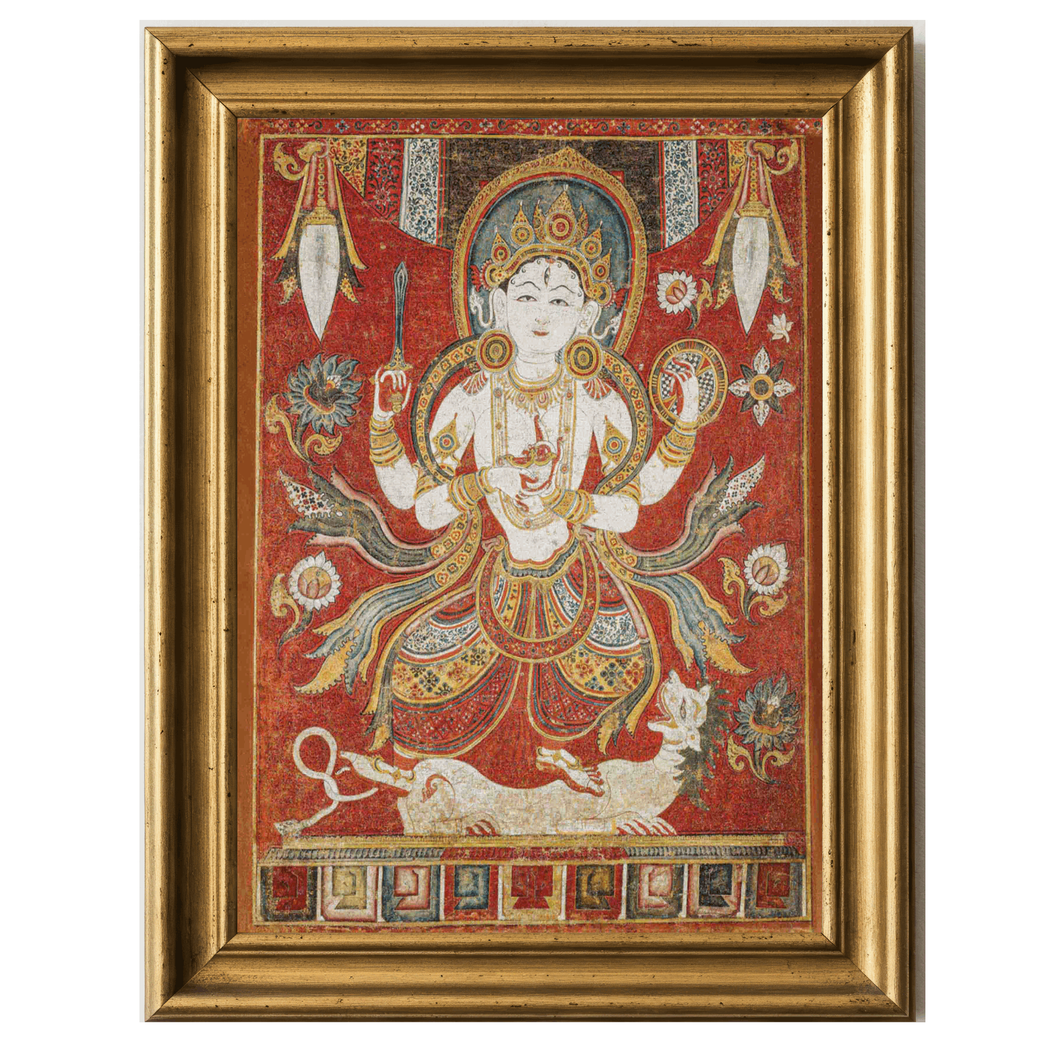 Traditional paubha painting of Shiva with multiple arms holding weapons and symbols