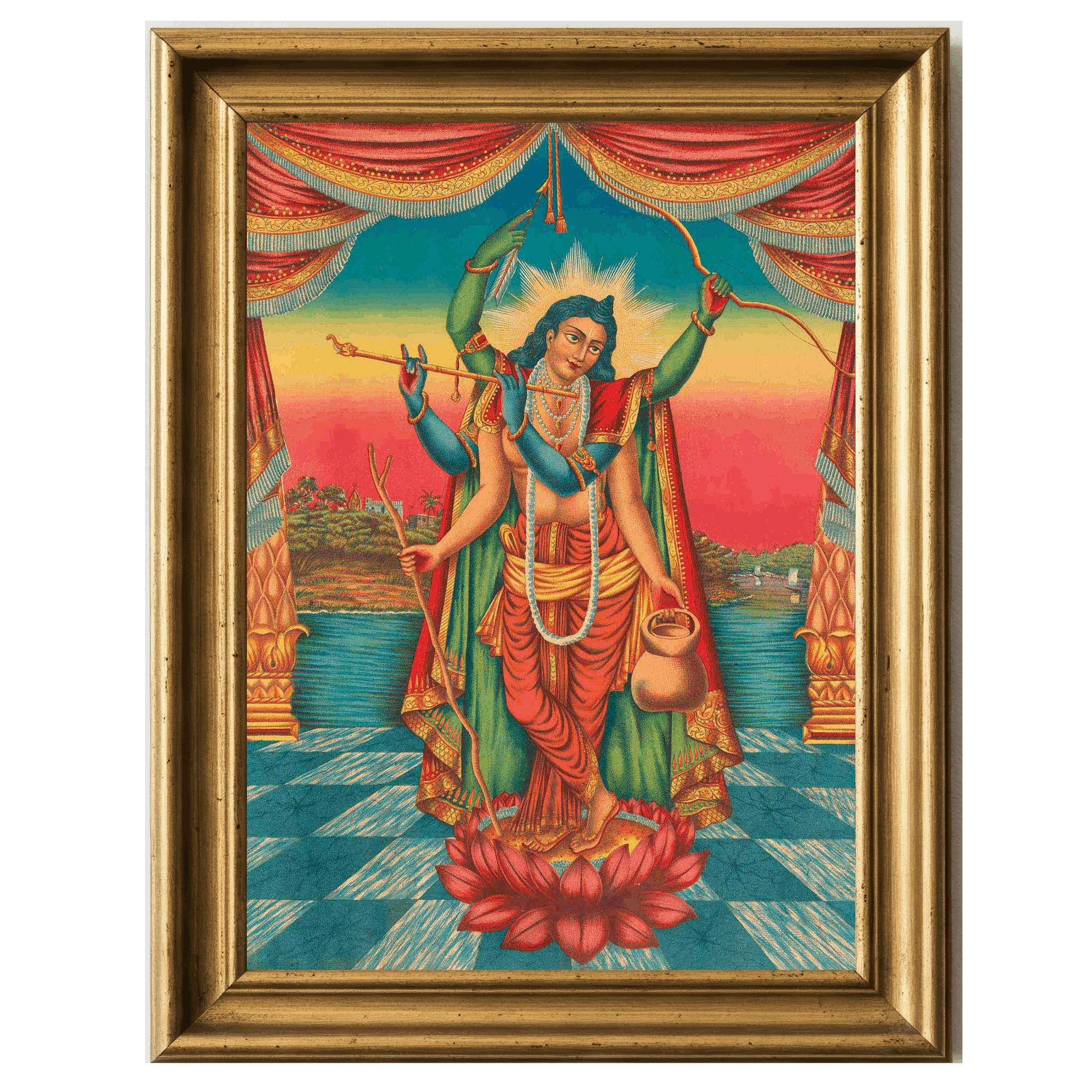 Luminous image of Shri Guranga, the saintly guru, standing in saffron robes with haloed head