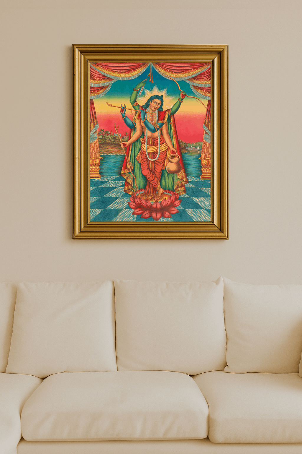 Luminous image of Shri Guranga, the saintly guru, standing in saffron robes with haloed head