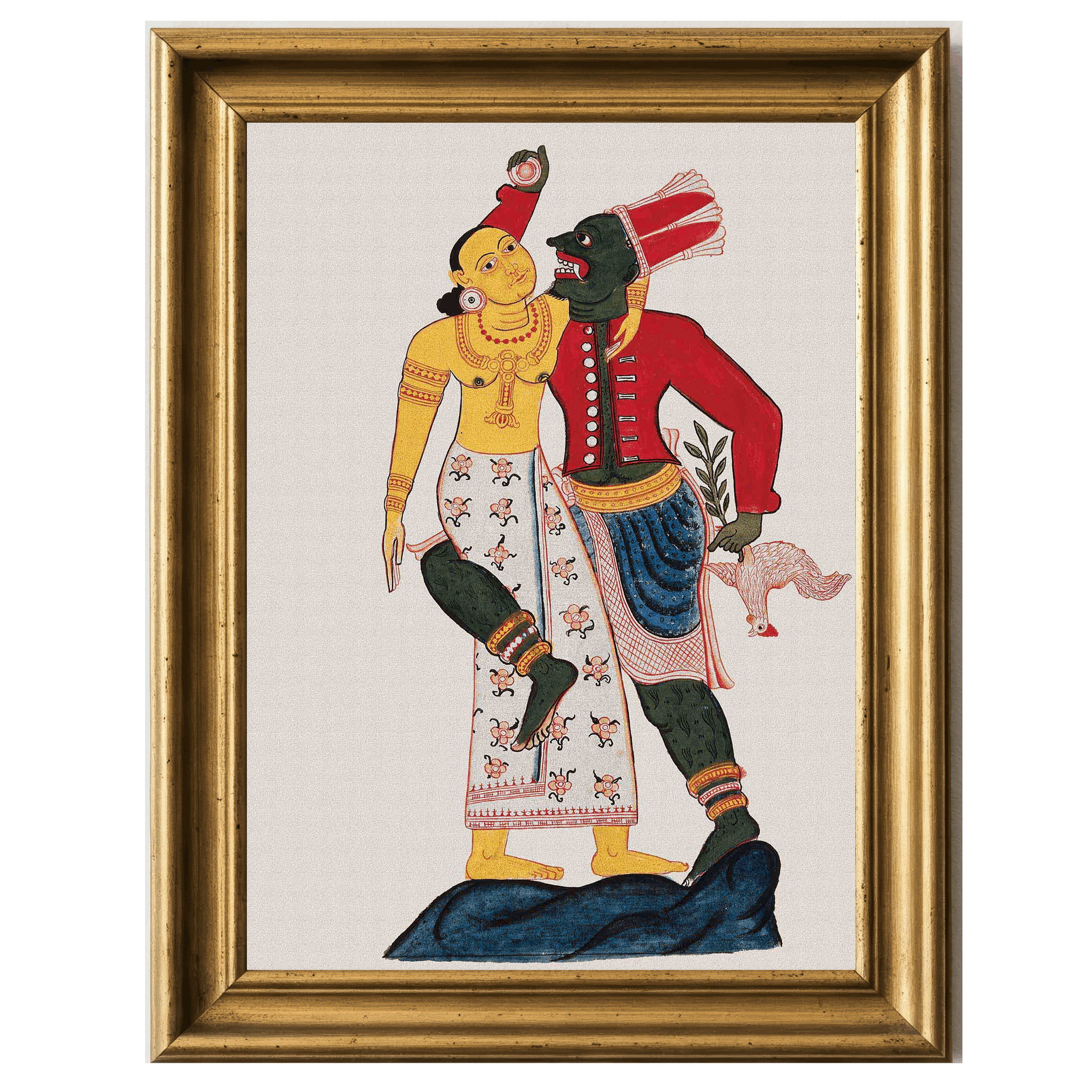 Stylized painting of a Sinhalese demon embracing a human figure in dynamic dance