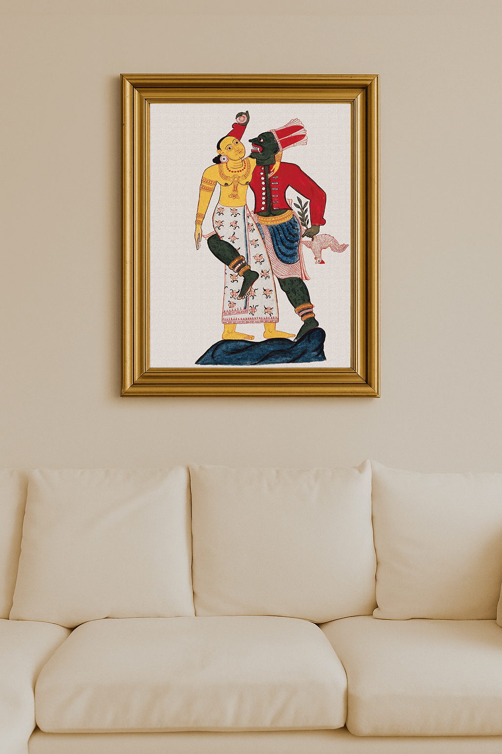 Stylized painting of a Sinhalese demon embracing a human figure in dynamic dance