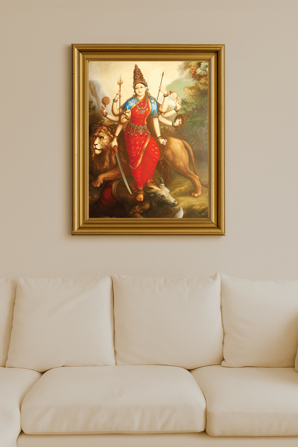 Eight-armed Chamundeshwari Devi goddess in red saree with weapons, lion mount and demon beneath