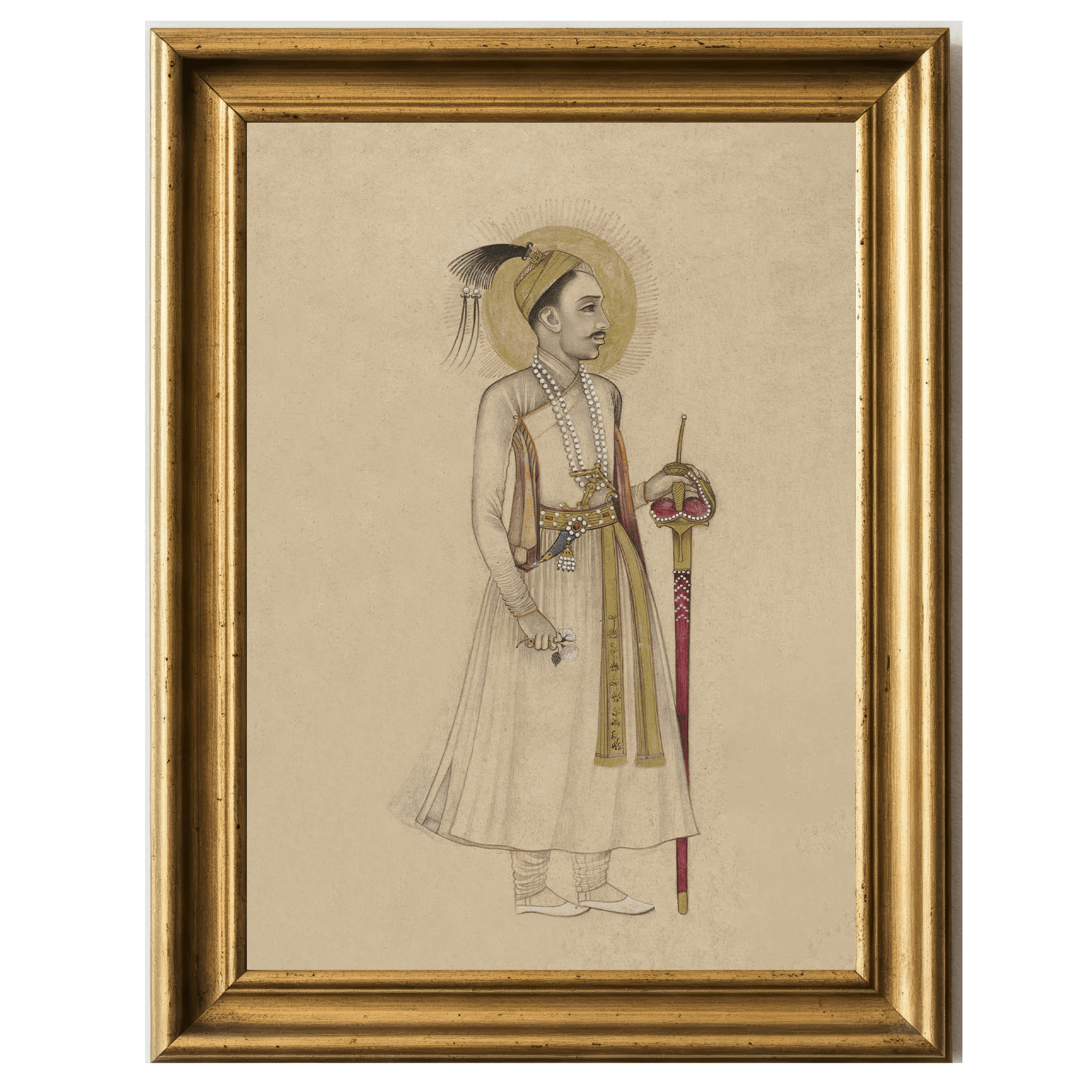 Persian miniature portrait of Sultan Muhammad-Quli Qutb Shah holding a rose and sword, haloed and elegant