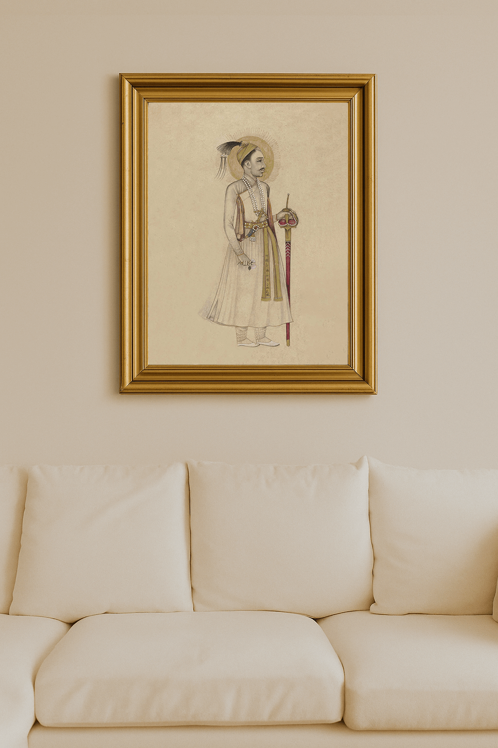 Persian miniature portrait of Sultan Muhammad-Quli Qutb Shah holding a rose and sword, haloed and elegant