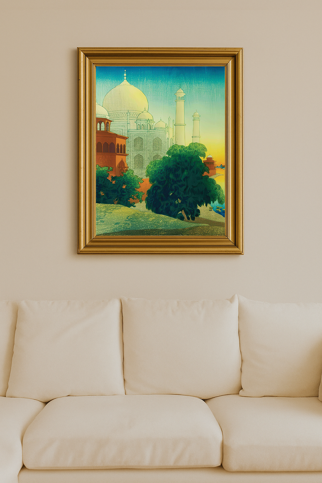 Woodblock-style artwork of Taj Mahal at sunset with domes, minarets, lush trees, and river in warm and cool tones.