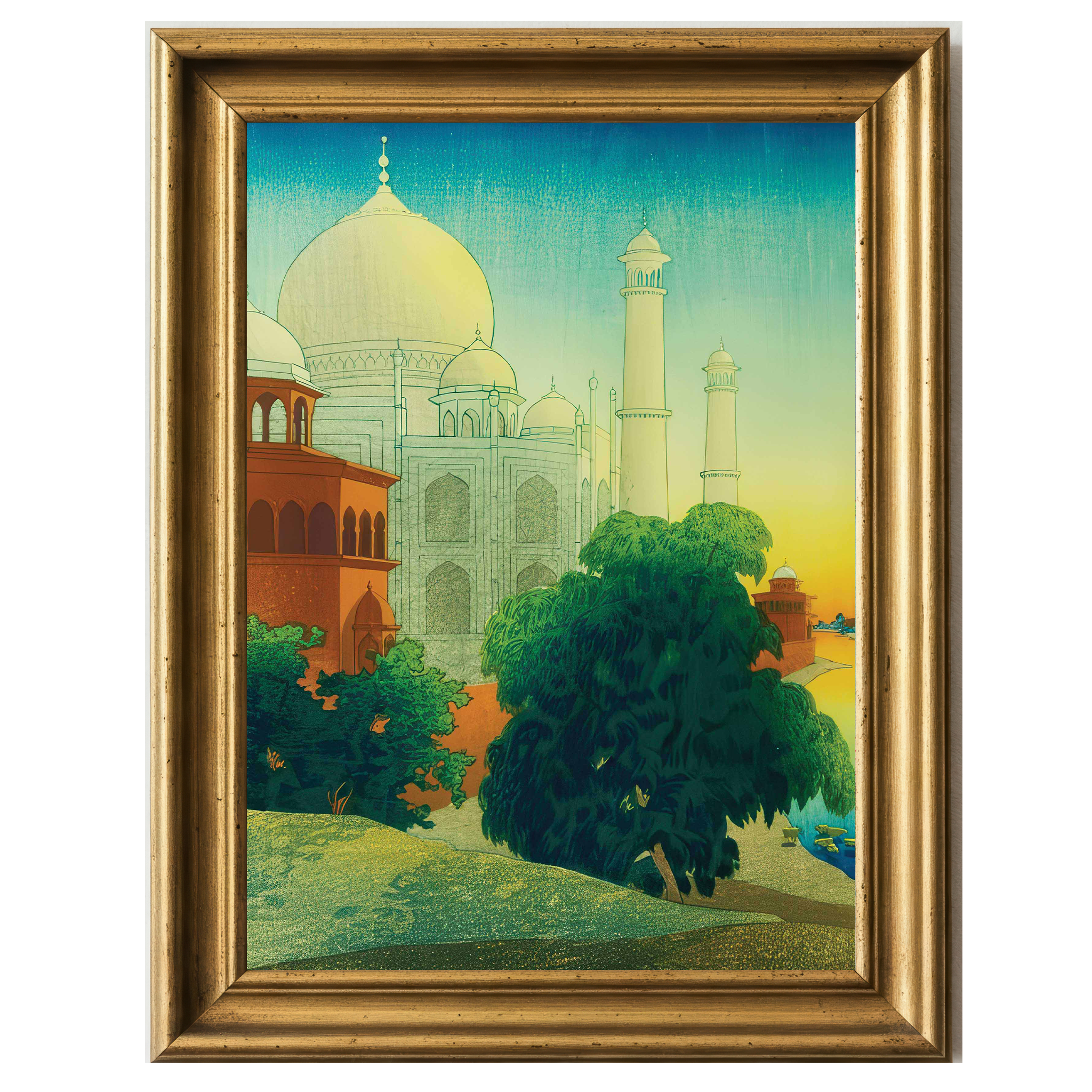 Woodblock-style artwork of Taj Mahal at sunset with domes, minarets, lush trees, and river in warm and cool tones.