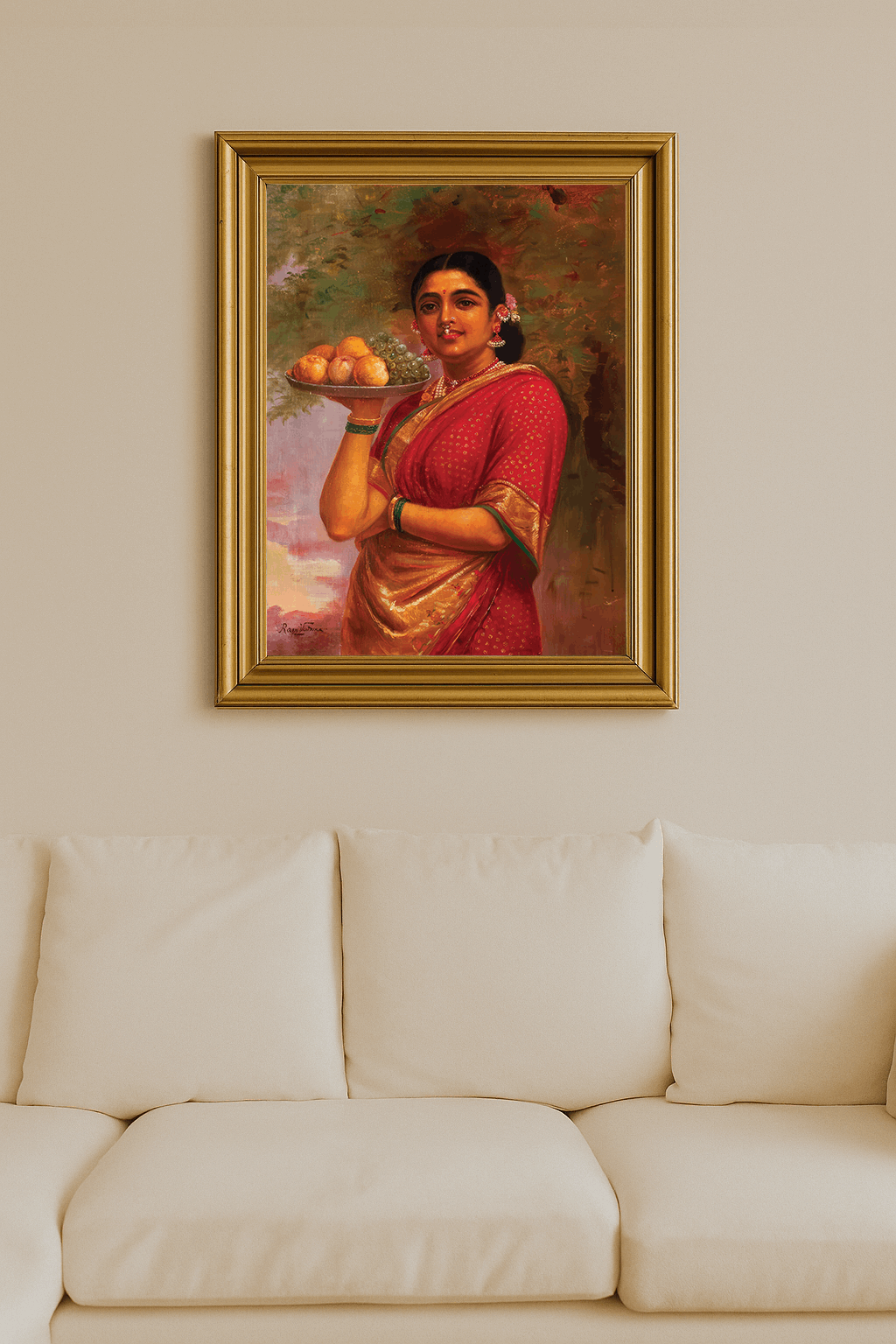 Painting of a Maharashtrian woman in red saree holding a plate of fruits, adorned with jewelry