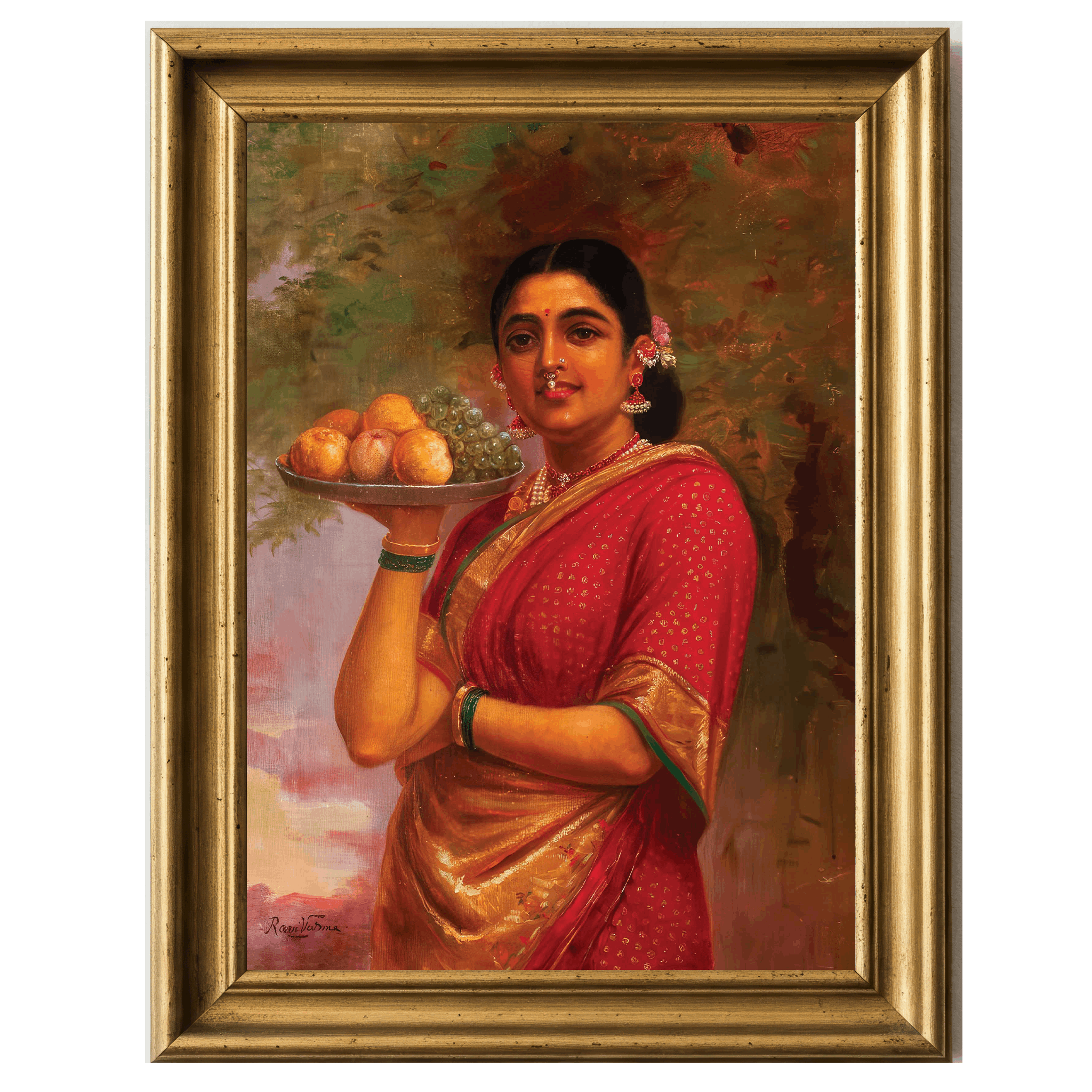 Painting of a Maharashtrian woman in red saree holding a plate of fruits, adorned with jewelry
