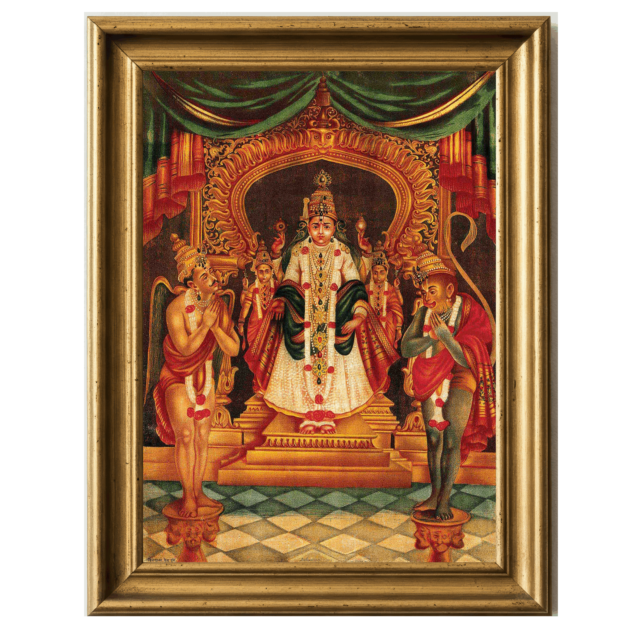 Vishnu seated in a golden throne with Garuda and Hanuman worshipping