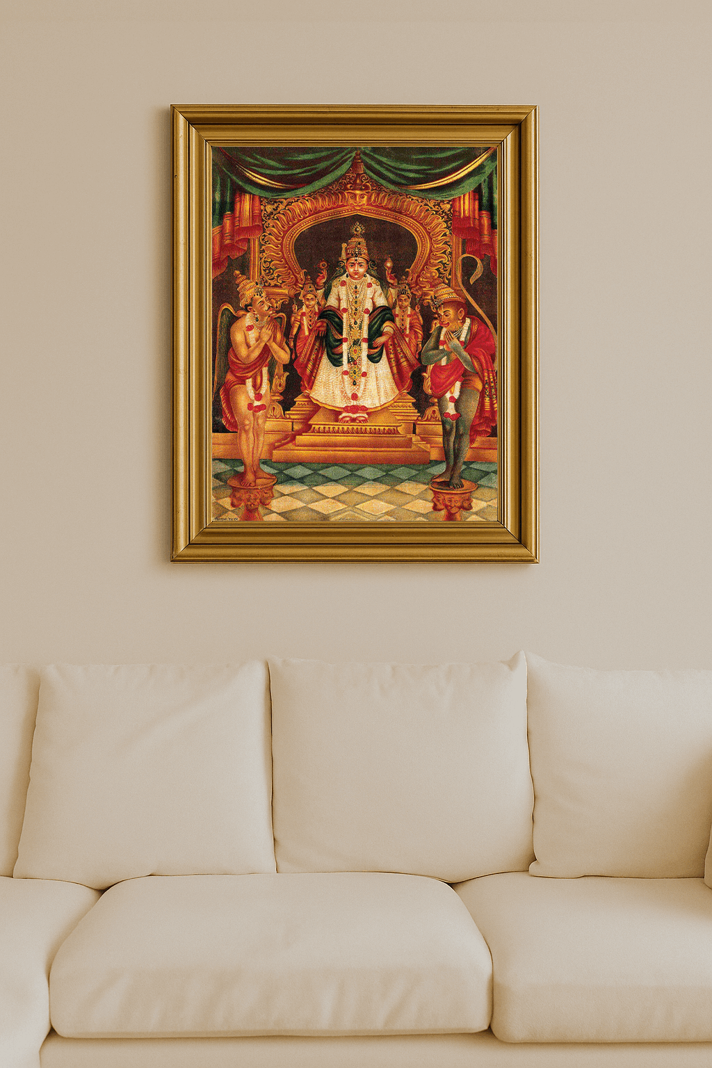 Vishnu seated in a golden throne with Garuda and Hanuman worshipping