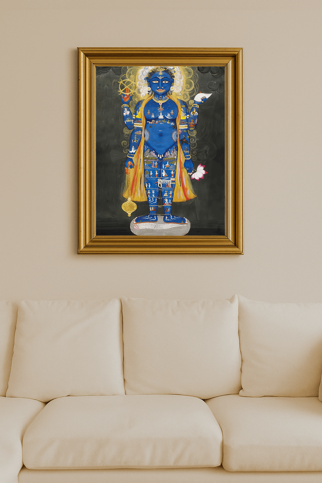 Blue cosmic Vishnu with detailed miniature scenes across his body