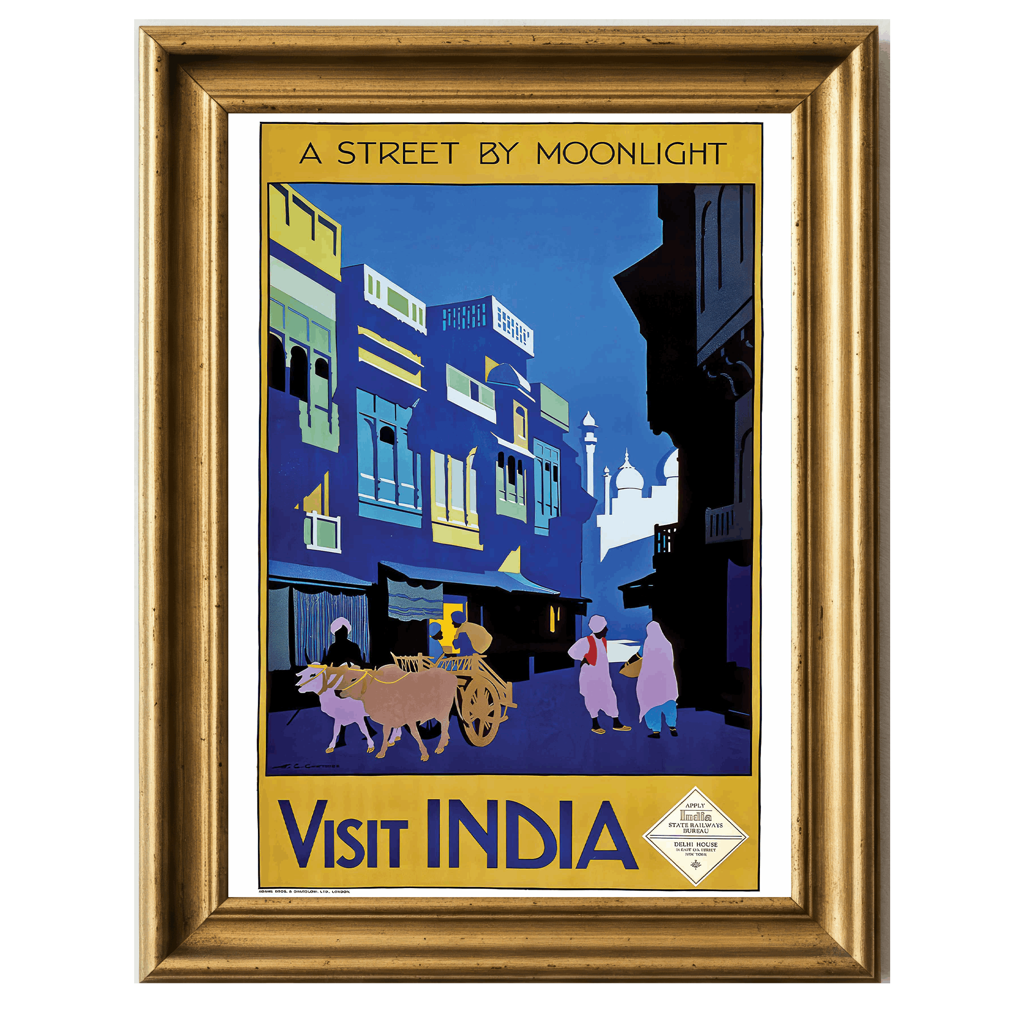 Vintage travel poster of an Indian street by moonlight with travelers and bulls