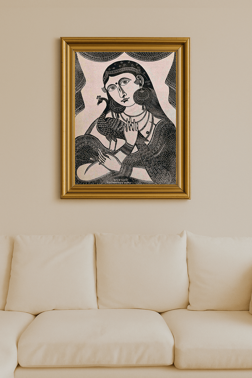 Black and white drawing of woman holding a peacock close to her face