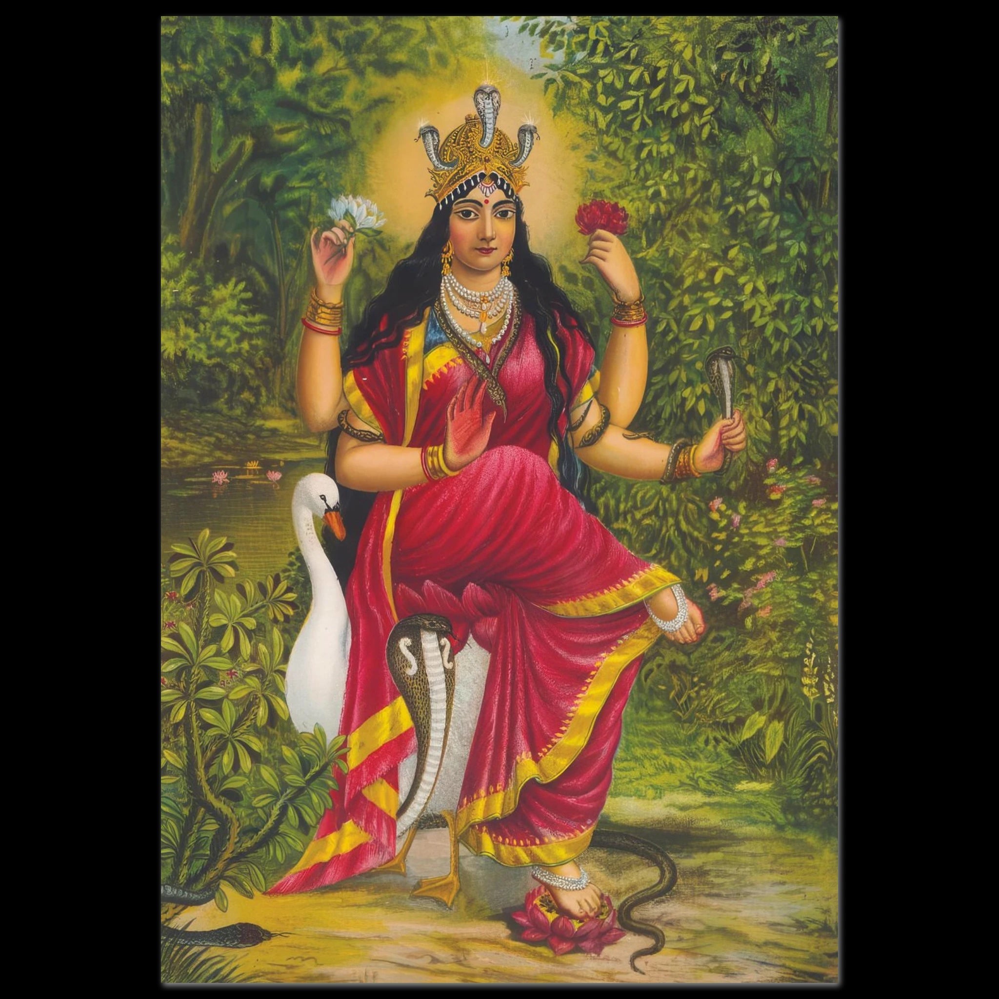 Illustration of Manasa Devi with cobra canopy, drawn in sacred traditional style