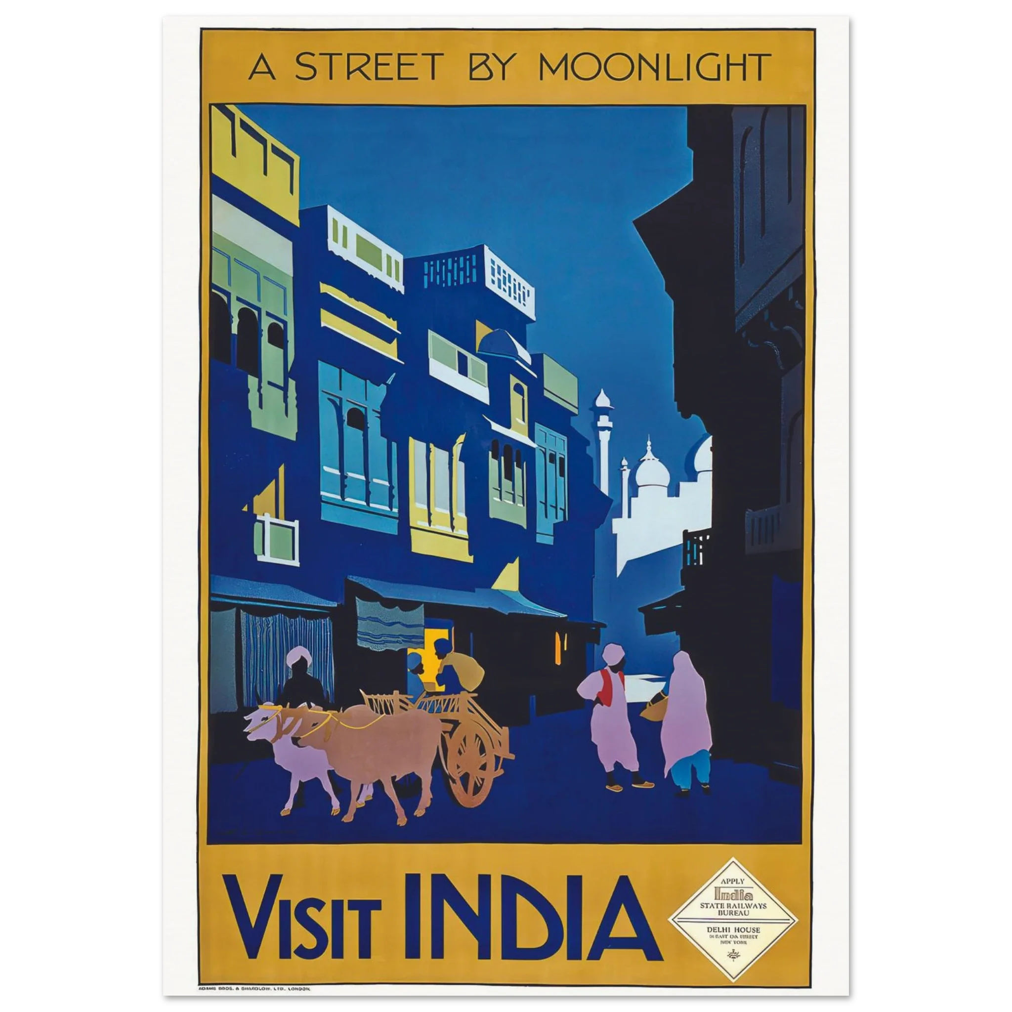 Vintage travel poster of an Indian street by moonlight with travelers and bulls
