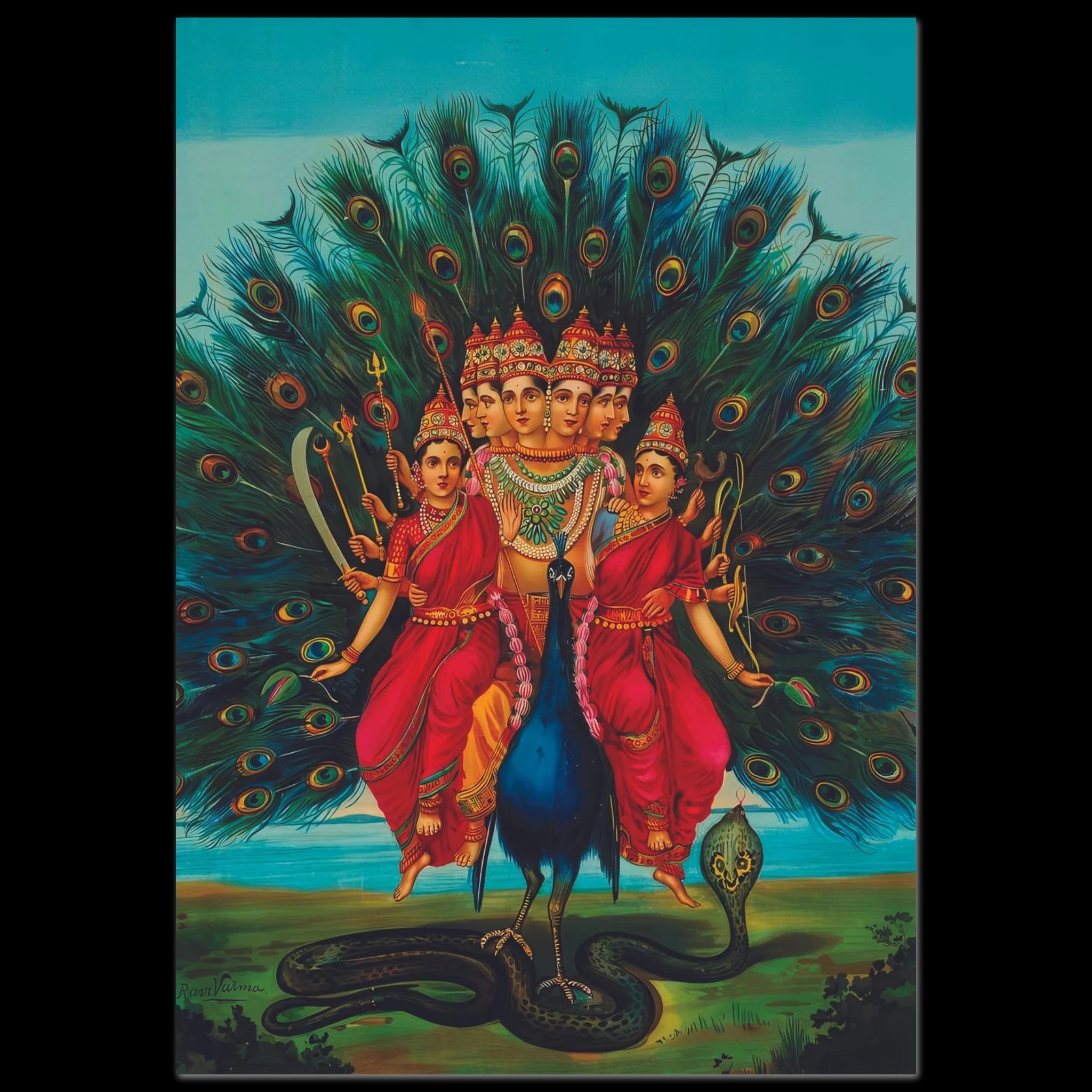 Child-like Murugan with spear and peacock feathers sparkling behind him.