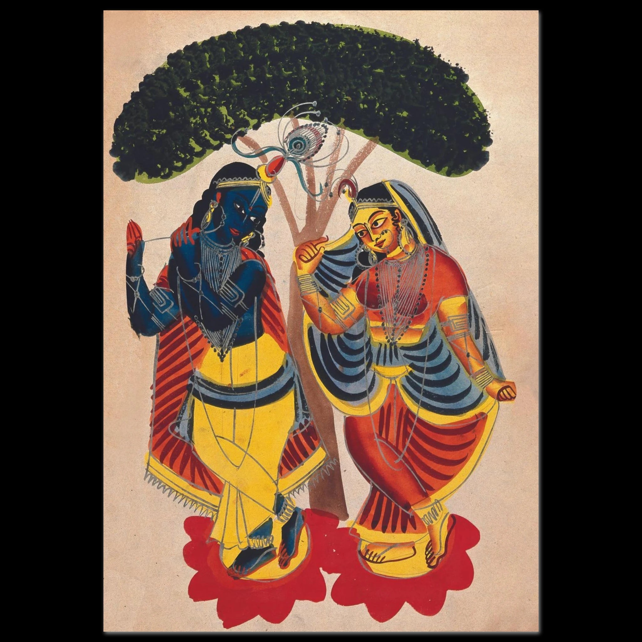 Hand-colored print of Radha embracing Krishna under a tree.