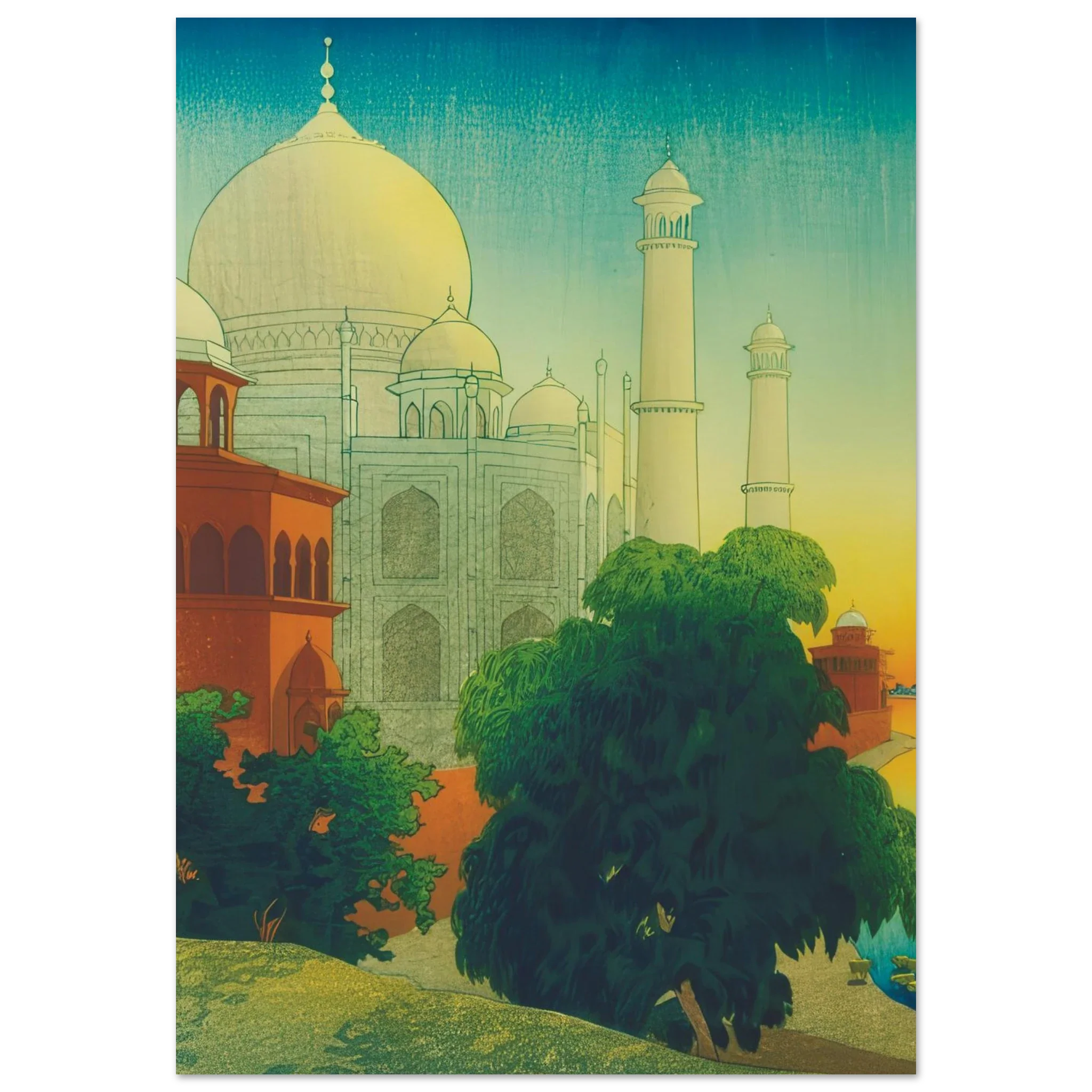 Woodblock-style artwork of Taj Mahal at sunset with domes, minarets, lush trees, and river in warm and cool tones.