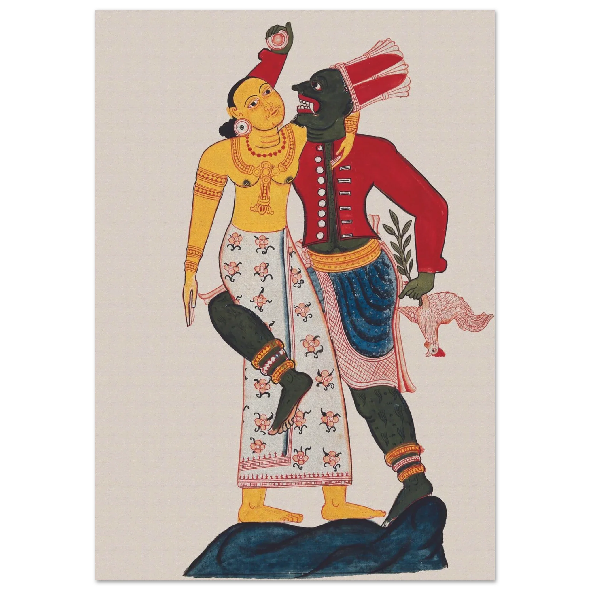 Stylized painting of a Sinhalese demon embracing a human figure in dynamic dance