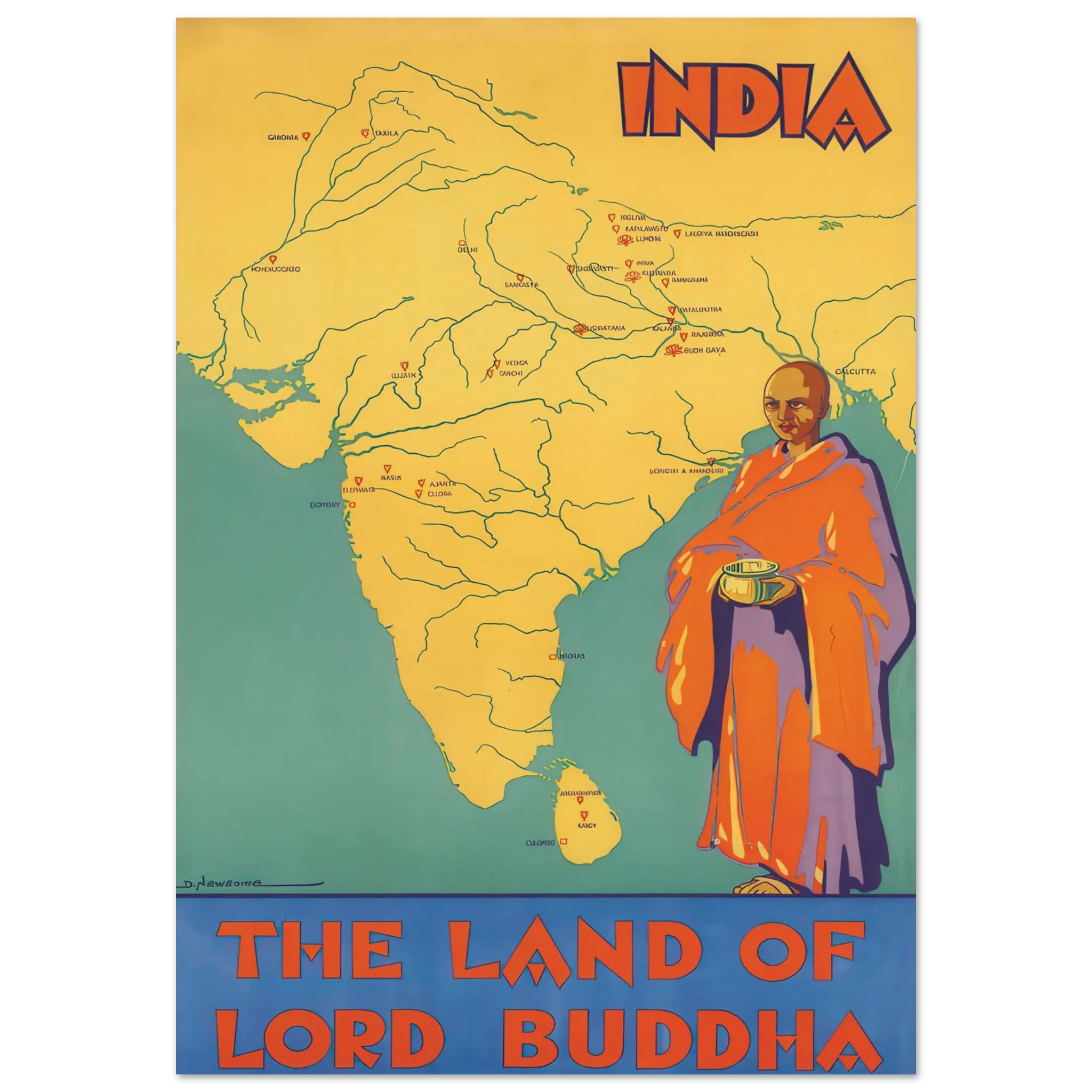 Vintage travel poster titled 'India. Vintage Travel Posters, 1920s-1930s' showing a map of India with Buddhist pilgrimage sites and a monk in orange robes.