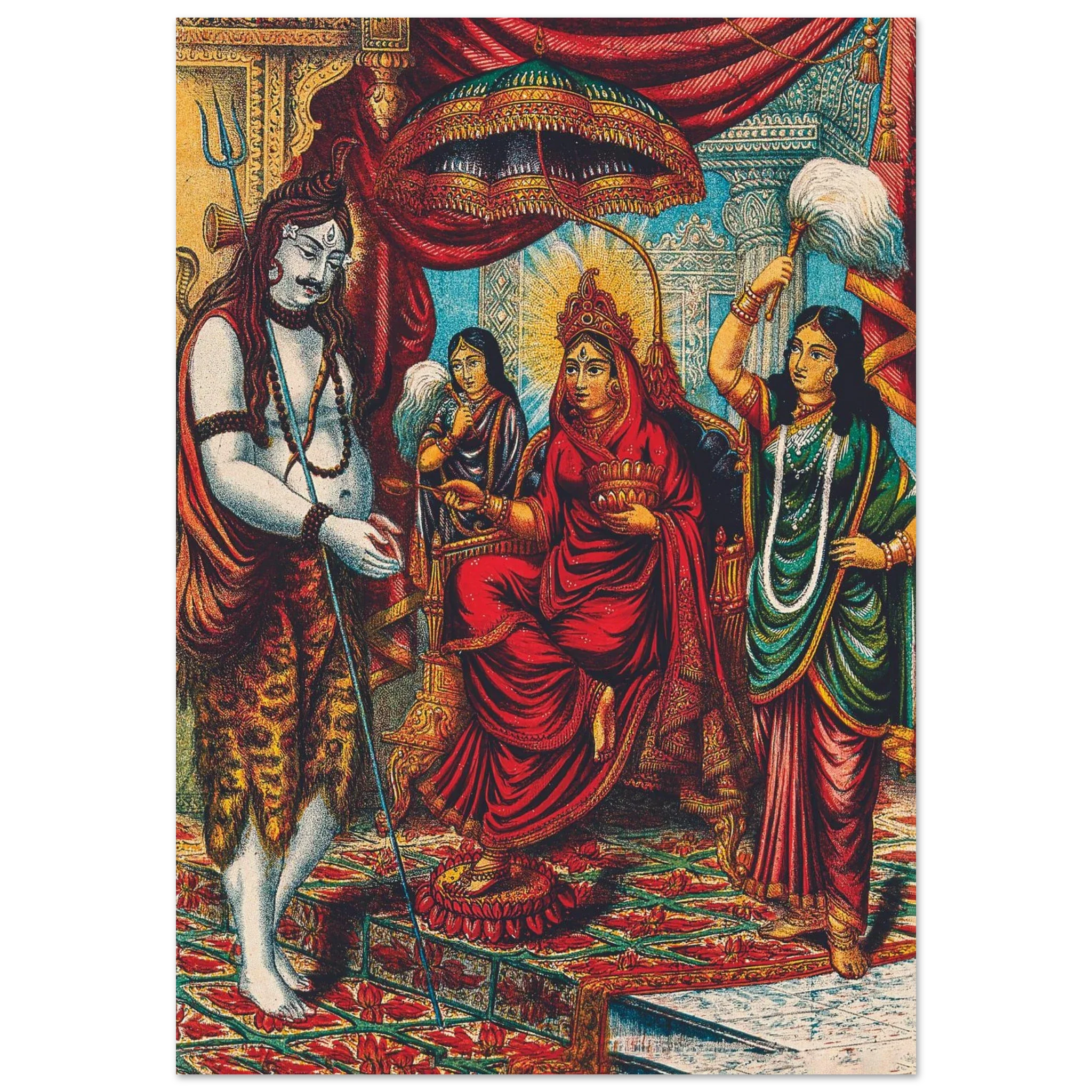 Traditional artwork of Shiva standing before goddess Annapurna in a palace setting